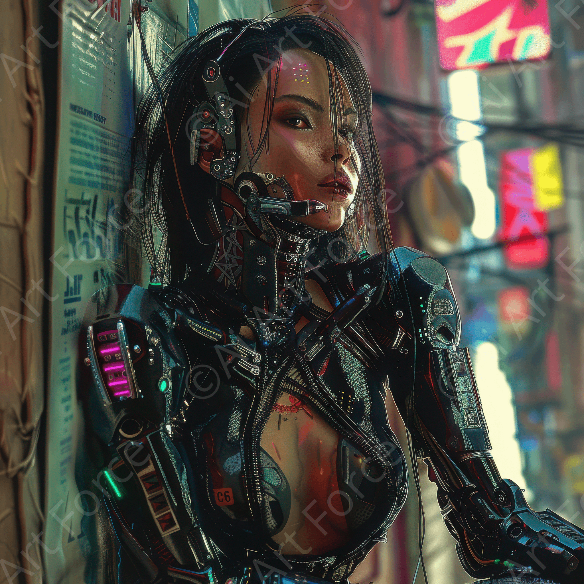 Digital Ai Artwork, of Cyber punk art beautiful female android humanoid, ideal for art enthusiasts and collectors.