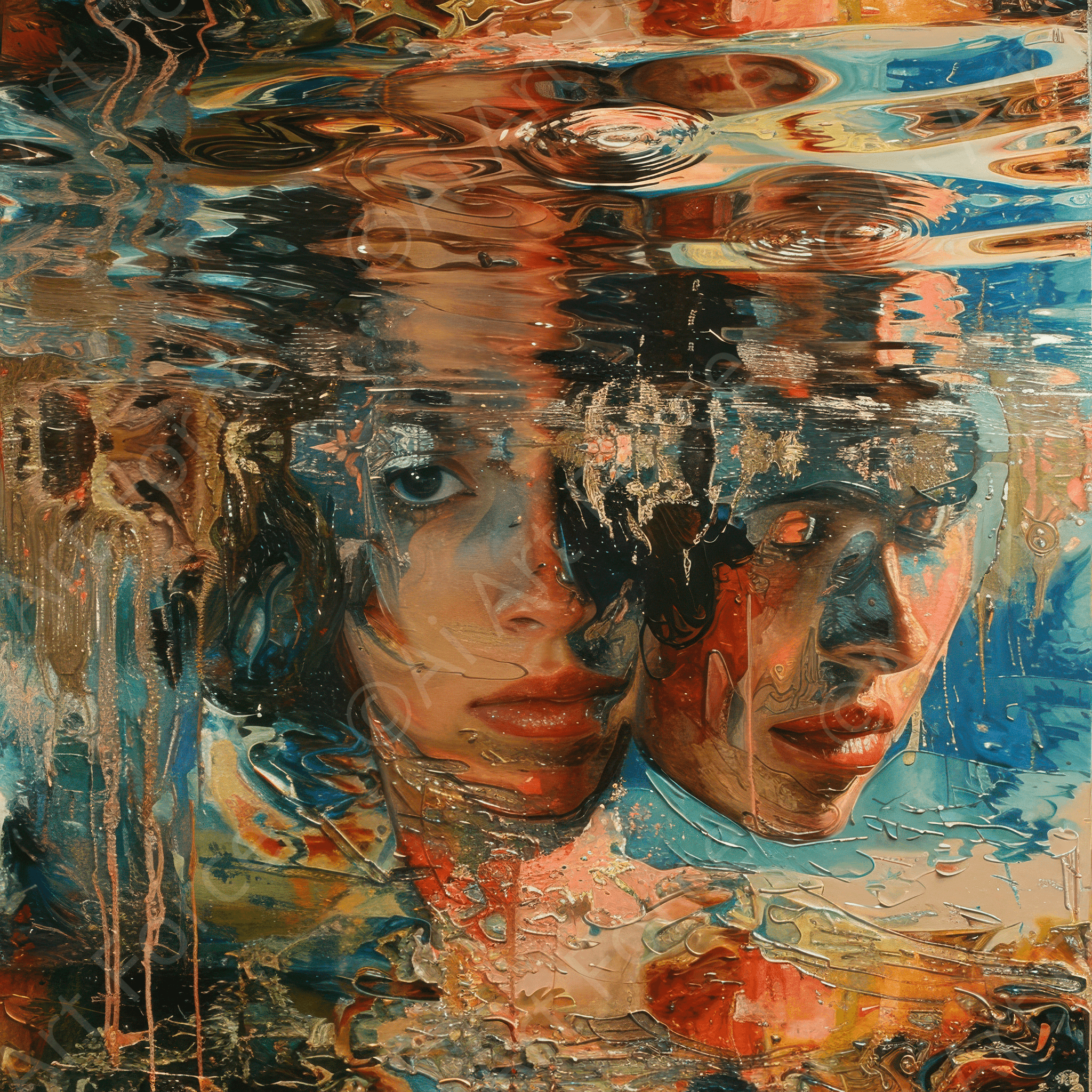 Digital Ai Artwork, of Expressionism future upside down where woman are floating, ideal for art enthusiasts and collectors.