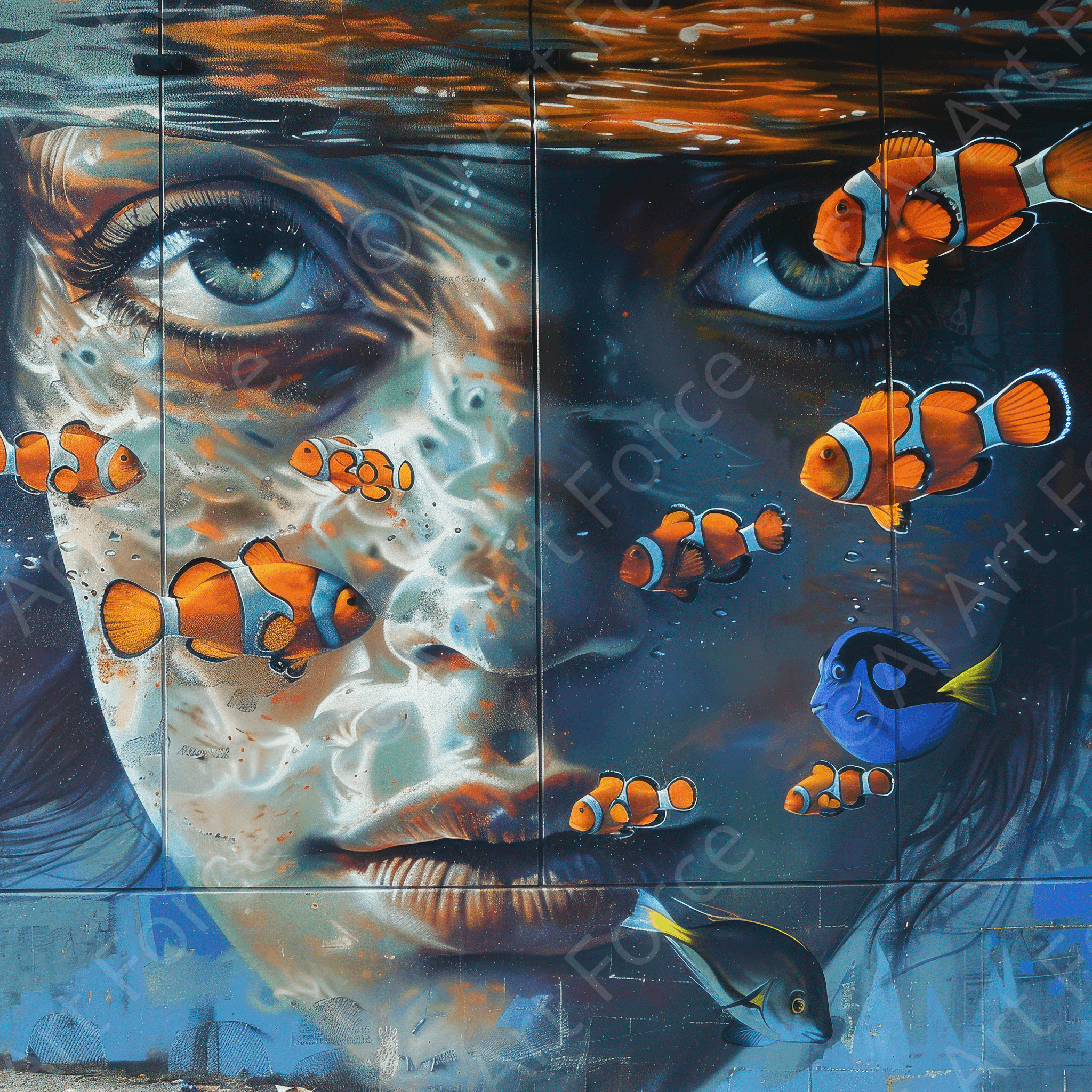 Digital Ai Artwork, of Street art style face half under water, ideal for art enthusiasts and collectors.