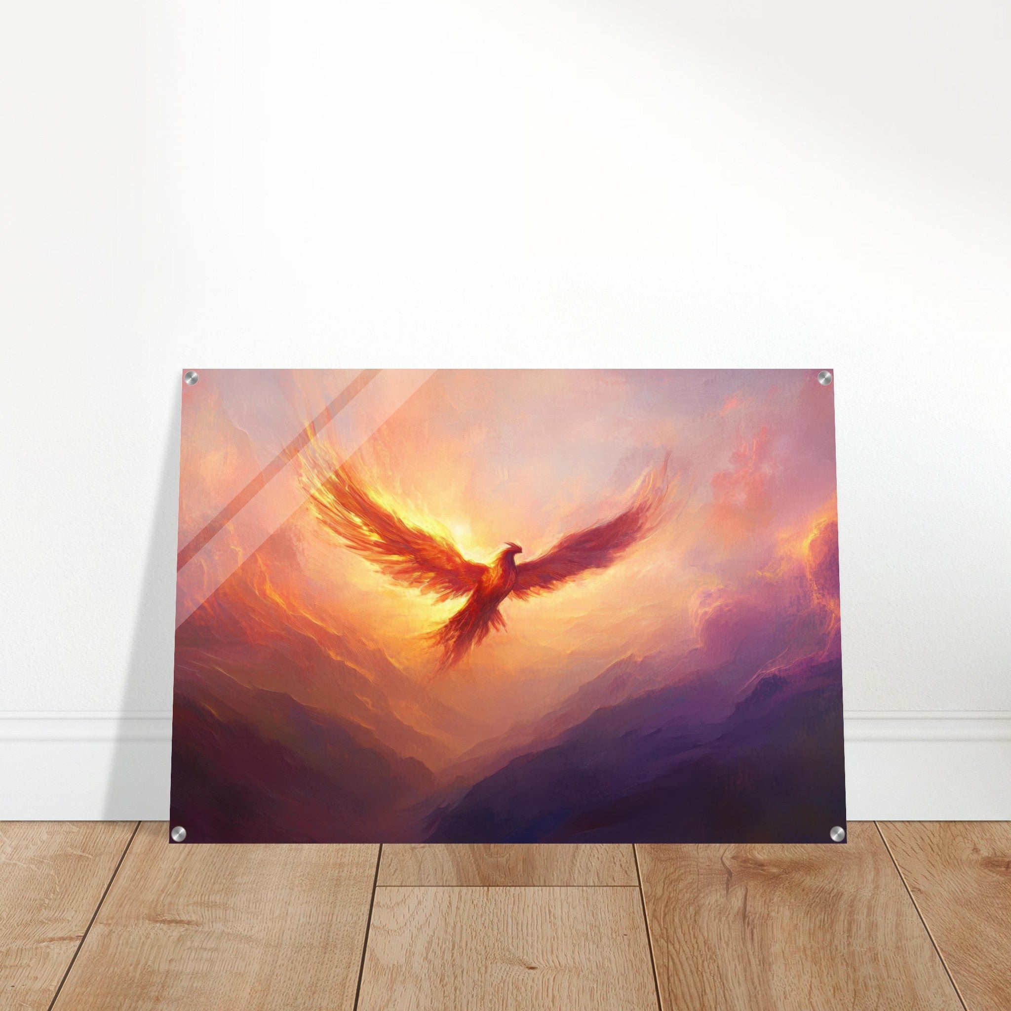 Acrylic Print Landscape - A celestial phoenix soars above a misty valley - Shop Ai Art WebShop - Digital Art online Store