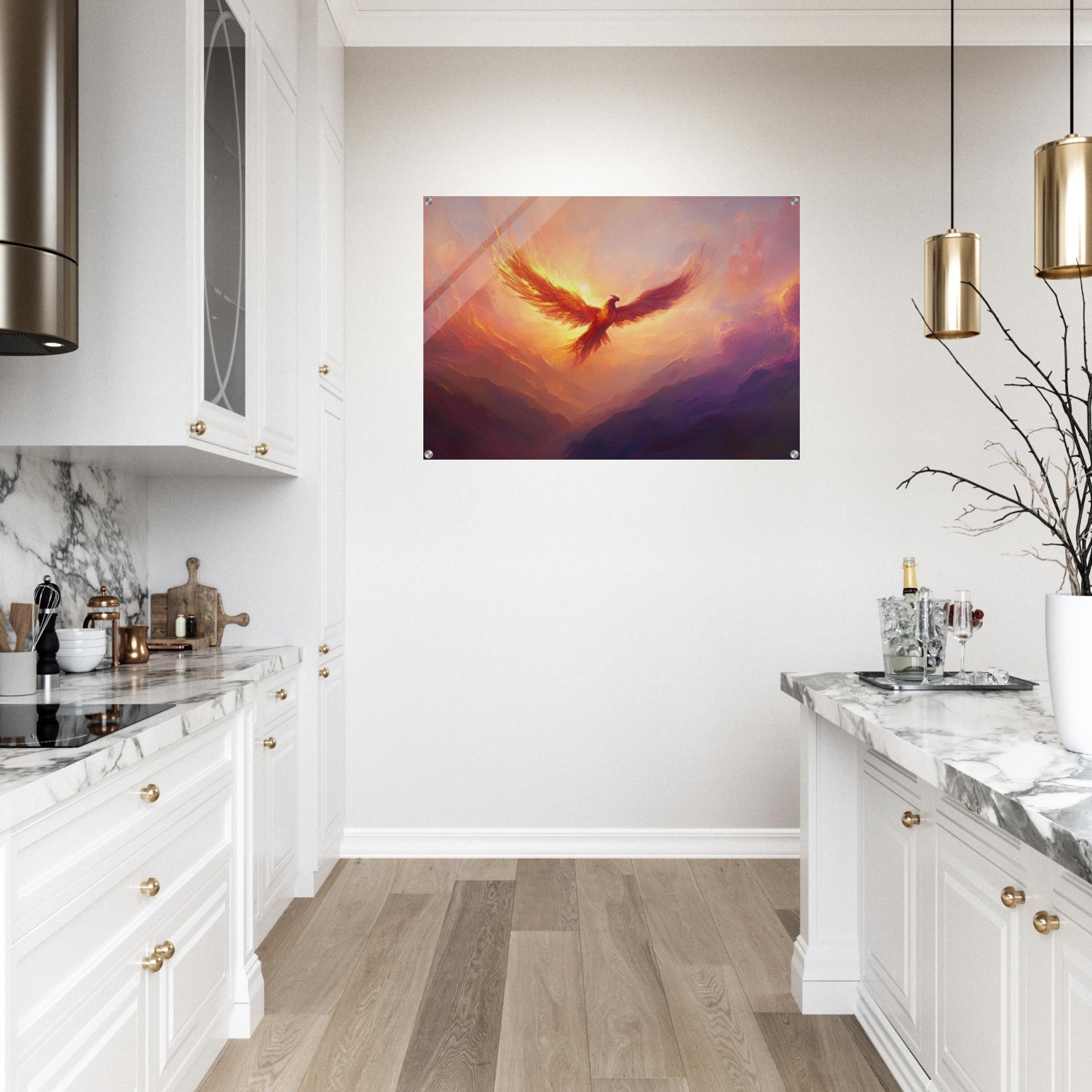 Acrylic Print Landscape - A celestial phoenix soars above a misty valley - Shop Ai Art WebShop - Digital Art online Store