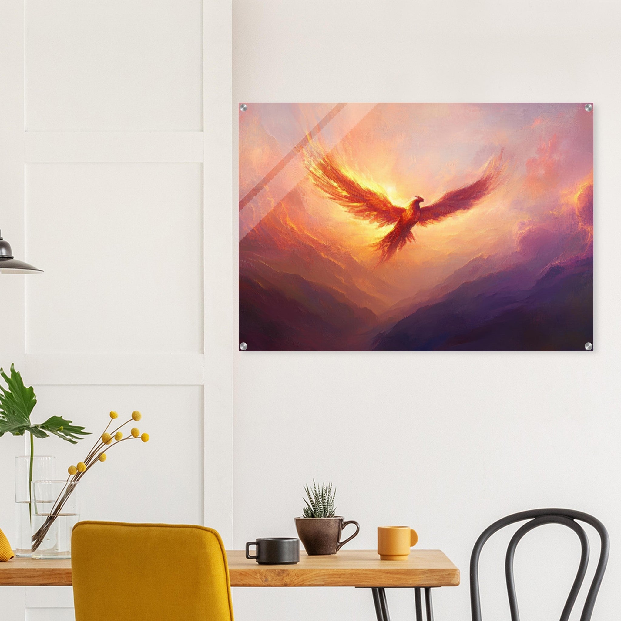 Acrylic Print Landscape - A celestial phoenix soars above a misty valley - Shop Ai Art WebShop - Digital Art online Store