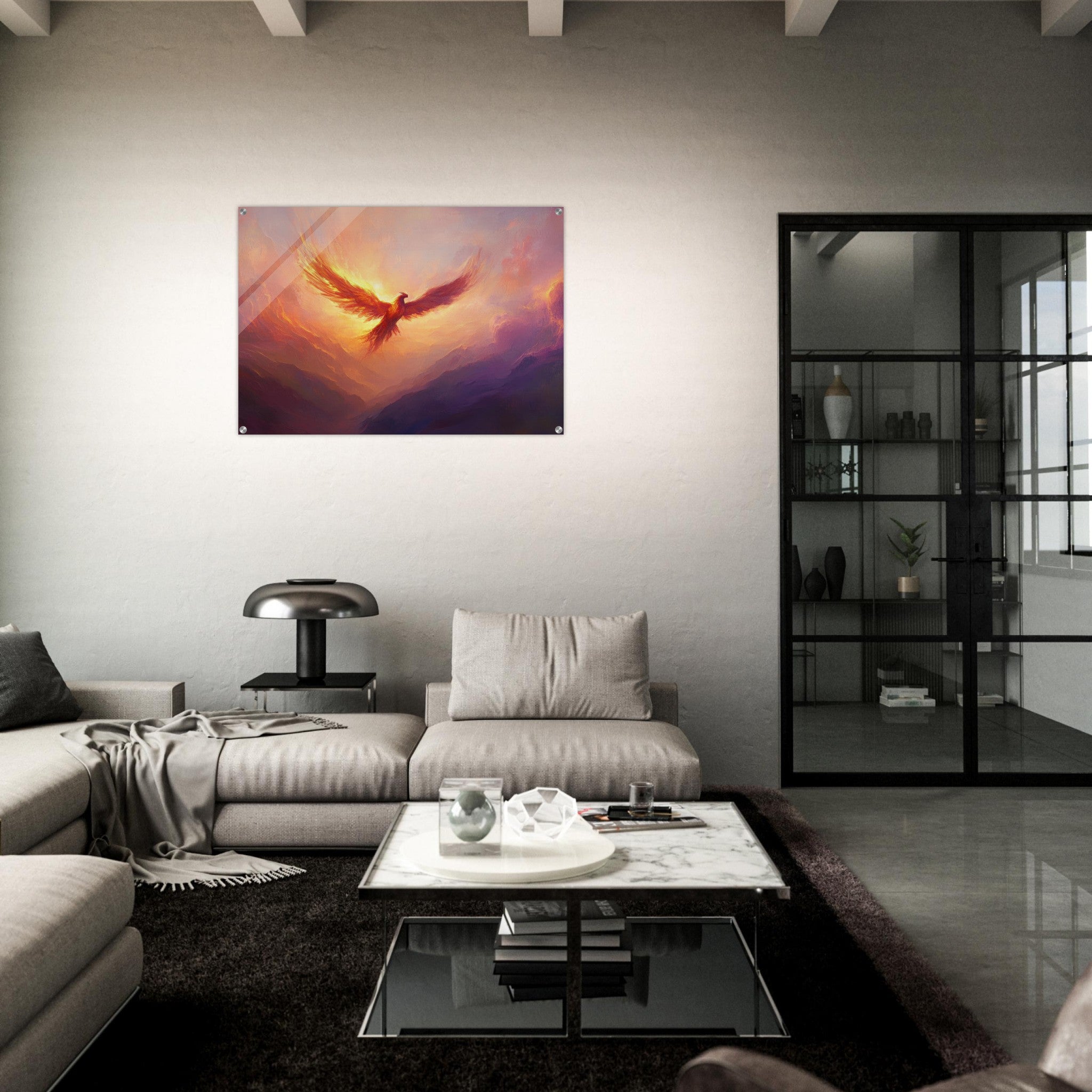 Acrylic Print Landscape - A celestial phoenix soars above a misty valley - Shop Ai Art WebShop - Digital Art online Store