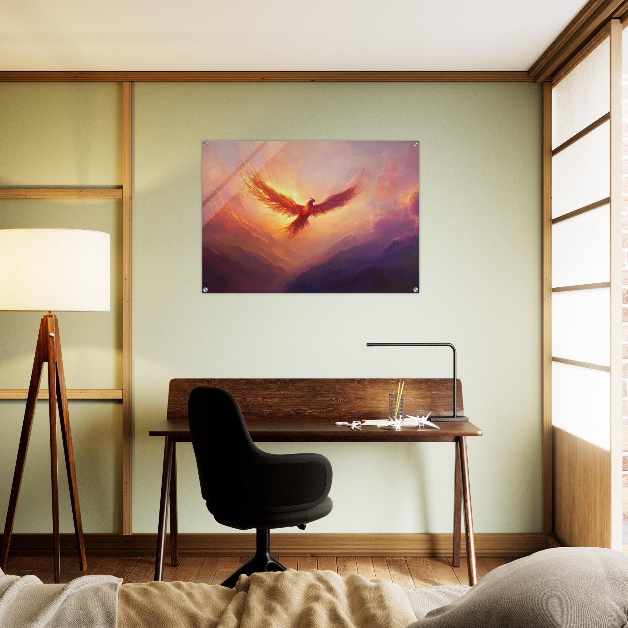 Acrylic Print Landscape - A celestial phoenix soars above a misty valley - Shop Ai Art WebShop - Digital Art online Store