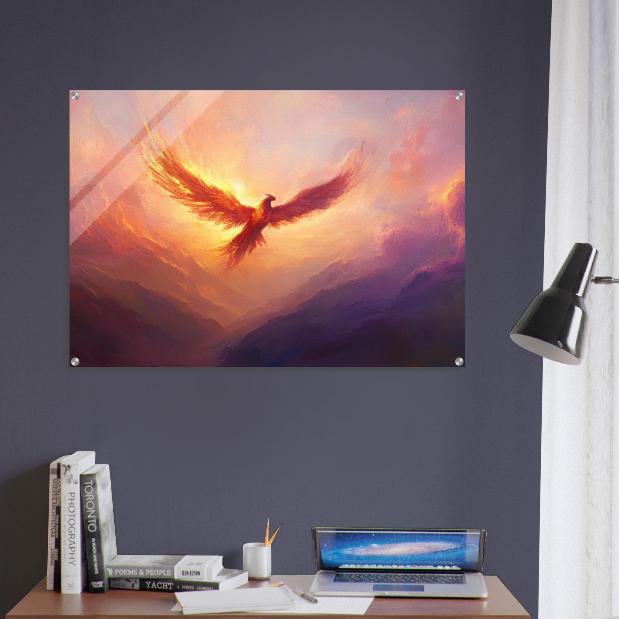 Acrylic Print Landscape - A celestial phoenix soars above a misty valley - Shop Ai Art WebShop - Digital Art online Store