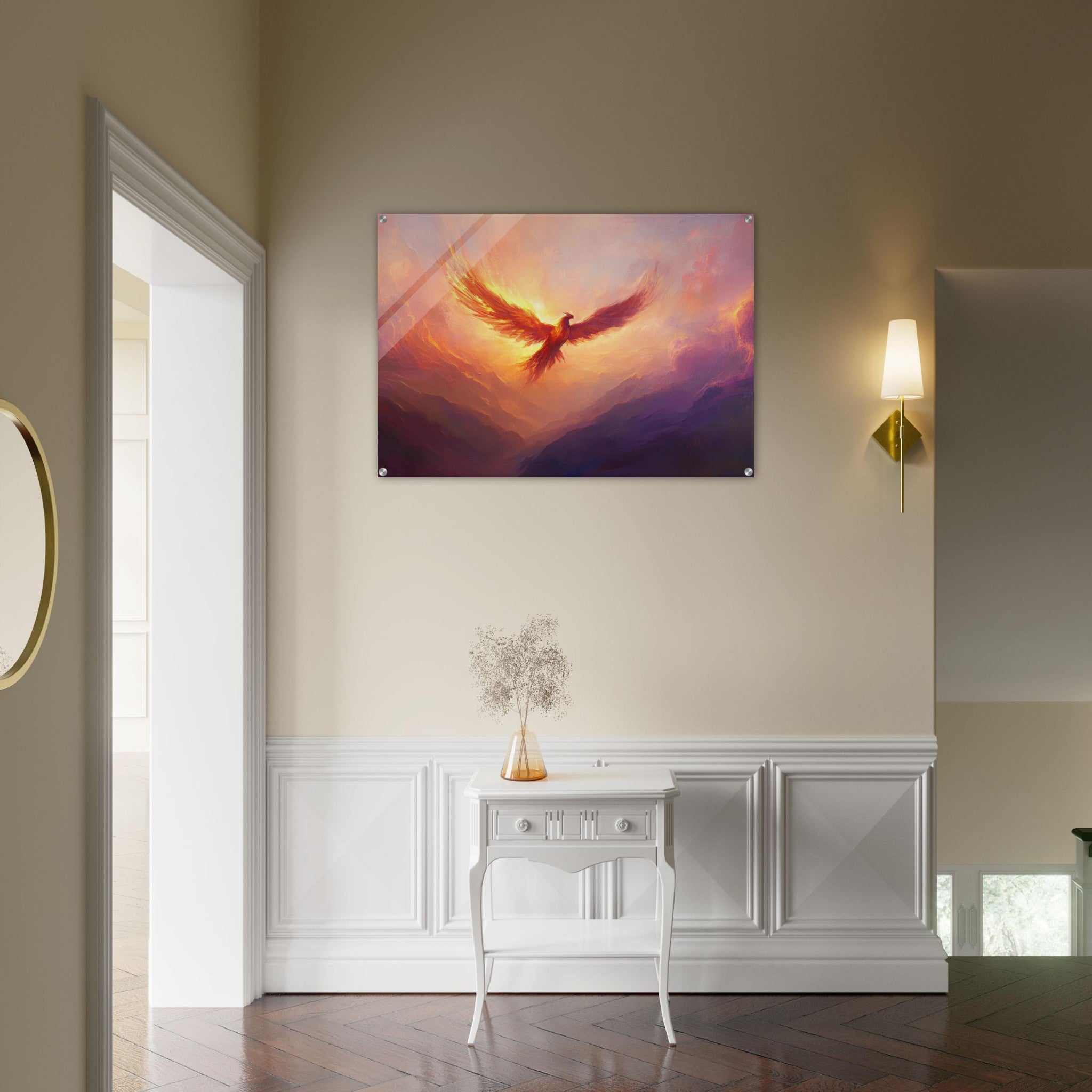 Acrylic Print Landscape - A celestial phoenix soars above a misty valley - Shop Ai Art WebShop - Digital Art online Store