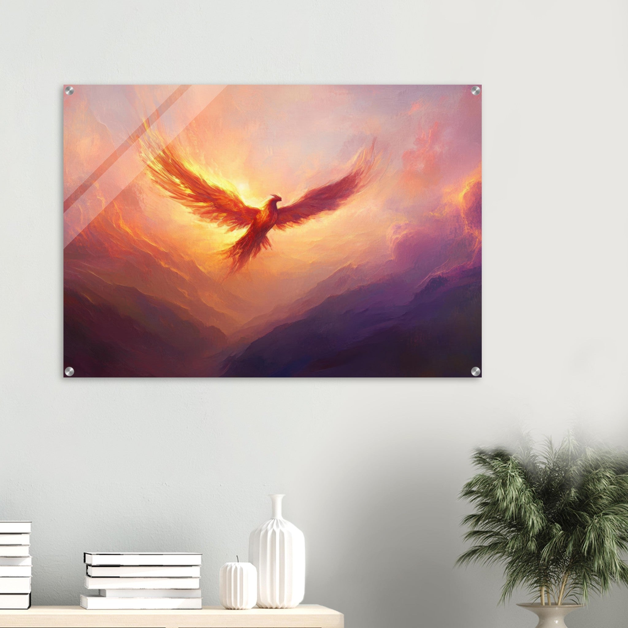 Acrylic Print Landscape - A celestial phoenix soars above a misty valley - Shop Ai Art WebShop - Digital Art online Store