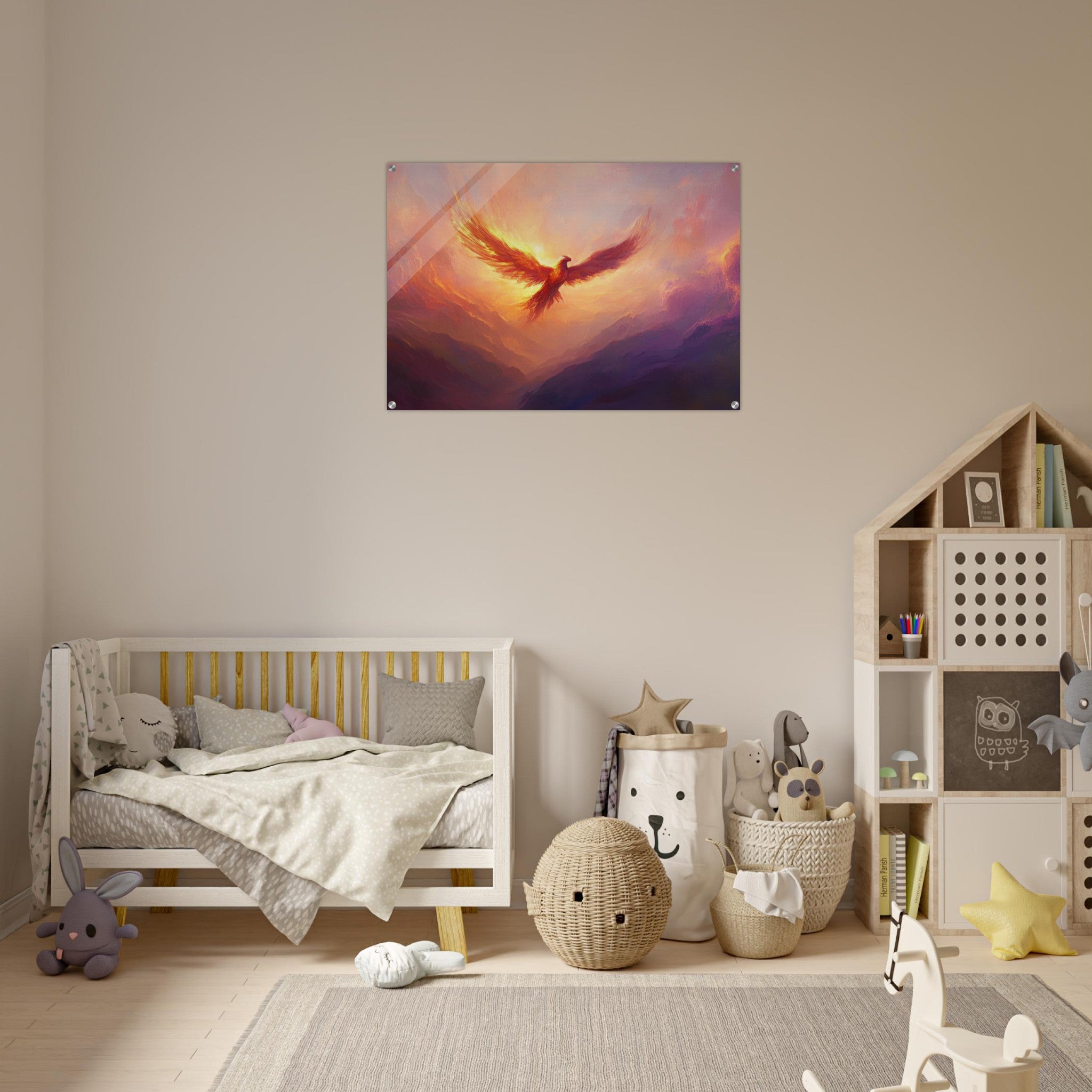 Acrylic Print Landscape - A celestial phoenix soars above a misty valley - Shop Ai Art WebShop - Digital Art online Store