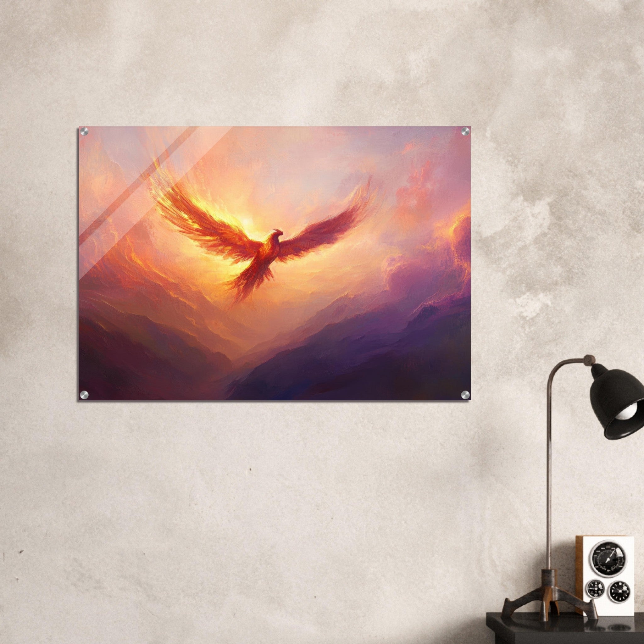 Acrylic Print Landscape - A celestial phoenix soars above a misty valley - Shop Ai Art WebShop - Digital Art online Store