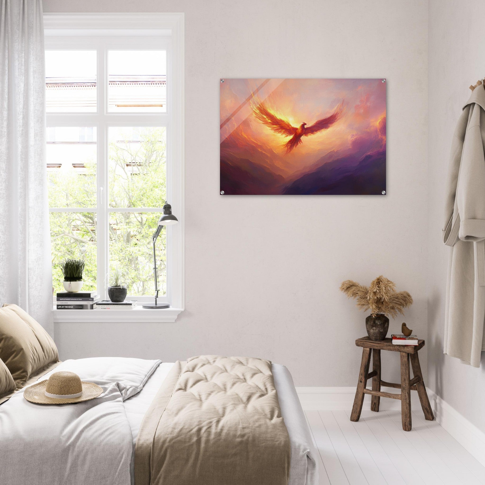Acrylic Print Landscape - A celestial phoenix soars above a misty valley - Shop Ai Art WebShop - Digital Art online Store