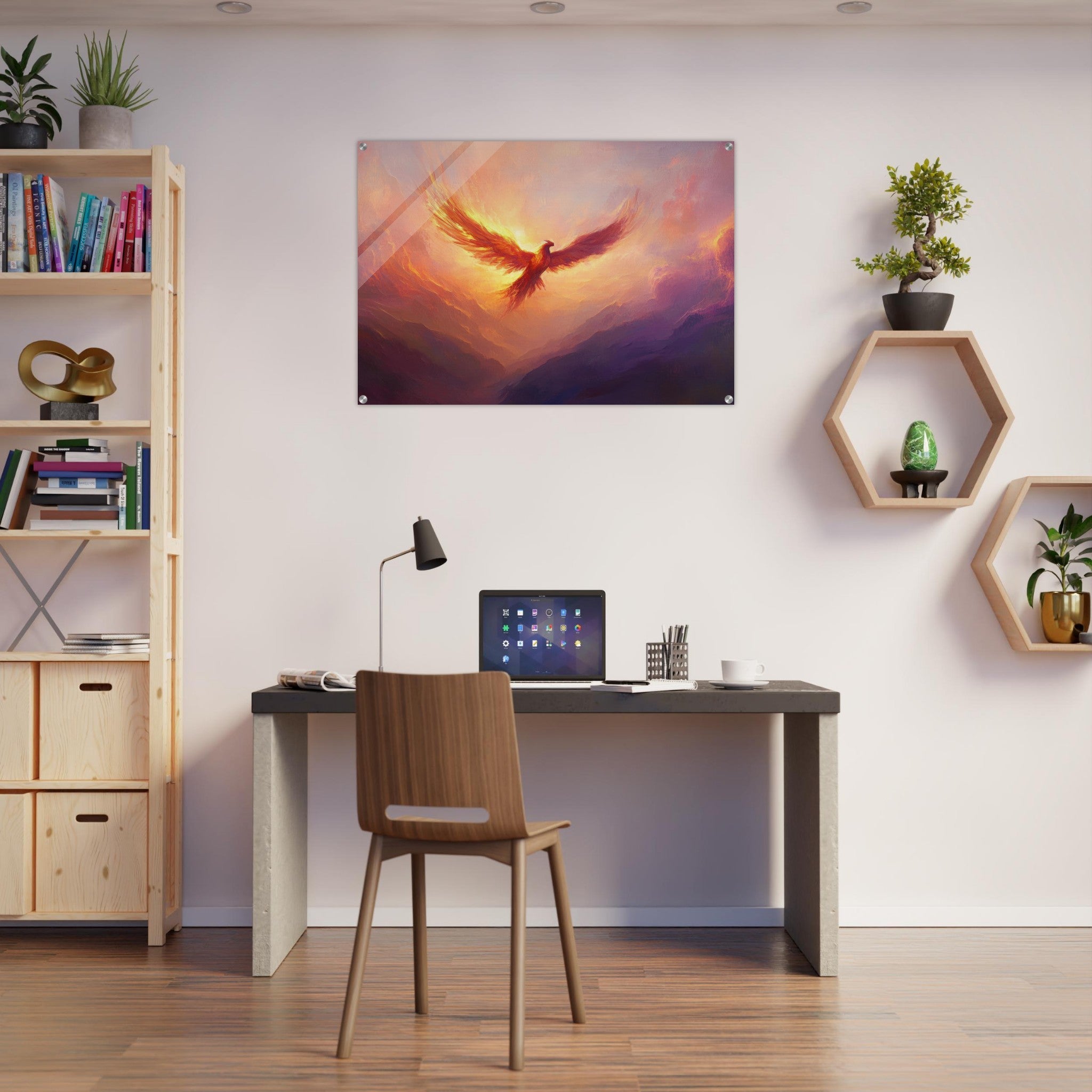 Acrylic Print Landscape - A celestial phoenix soars above a misty valley - Shop Ai Art WebShop - Digital Art online Store