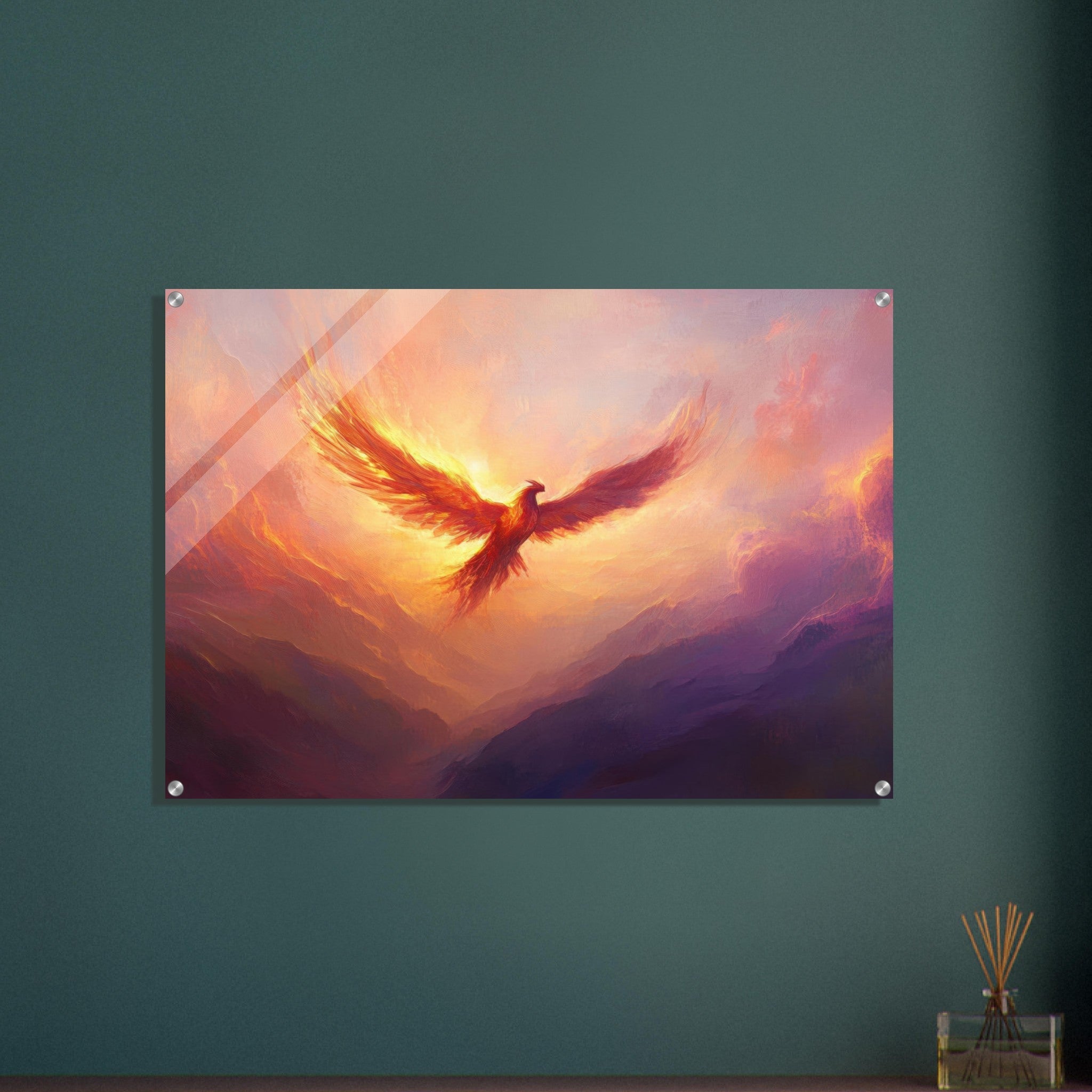 Acrylic Print Landscape - A celestial phoenix soars above a misty valley - Shop Ai Art WebShop - Digital Art online Store
