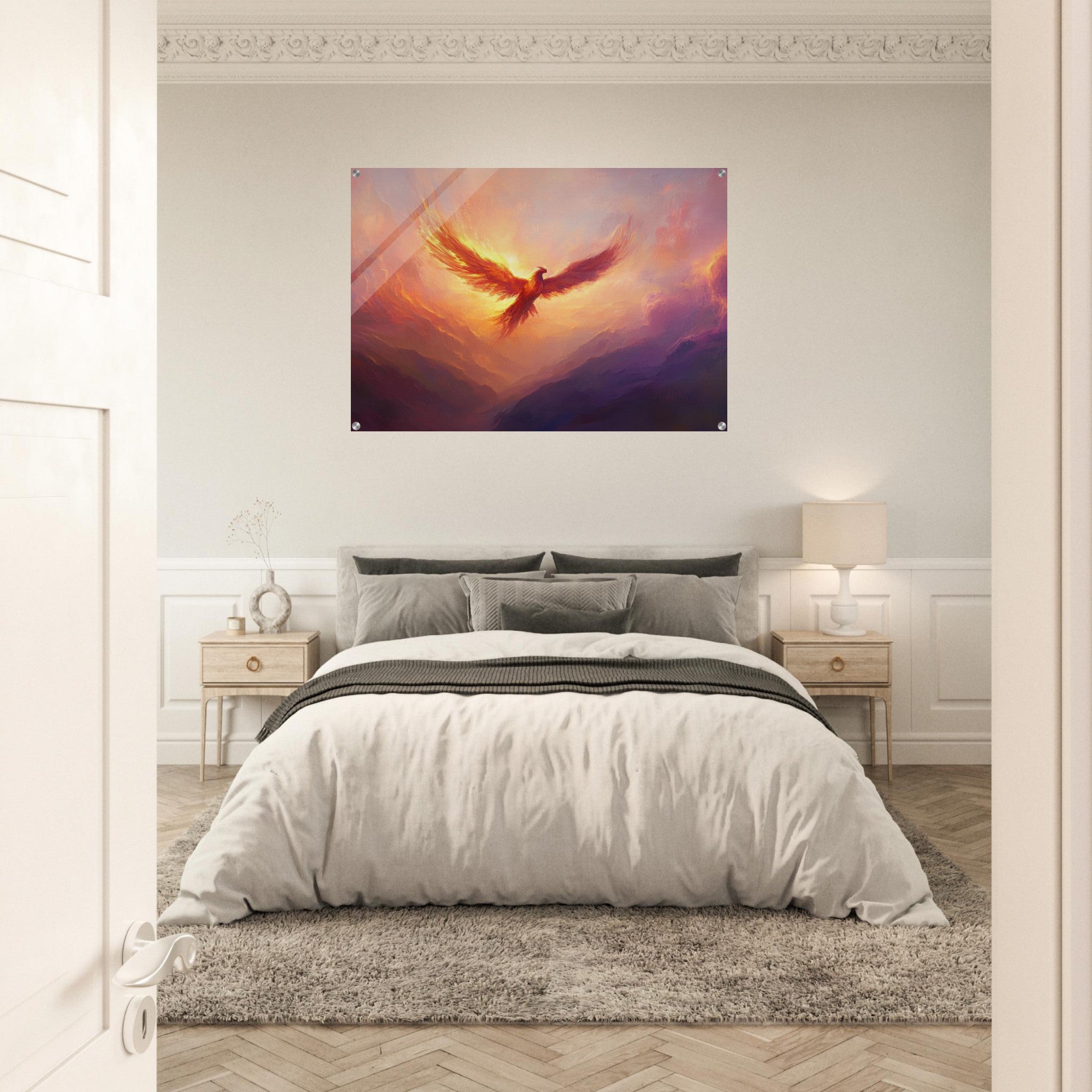 Acrylic Print Landscape - A celestial phoenix soars above a misty valley - Shop Ai Art WebShop - Digital Art online Store