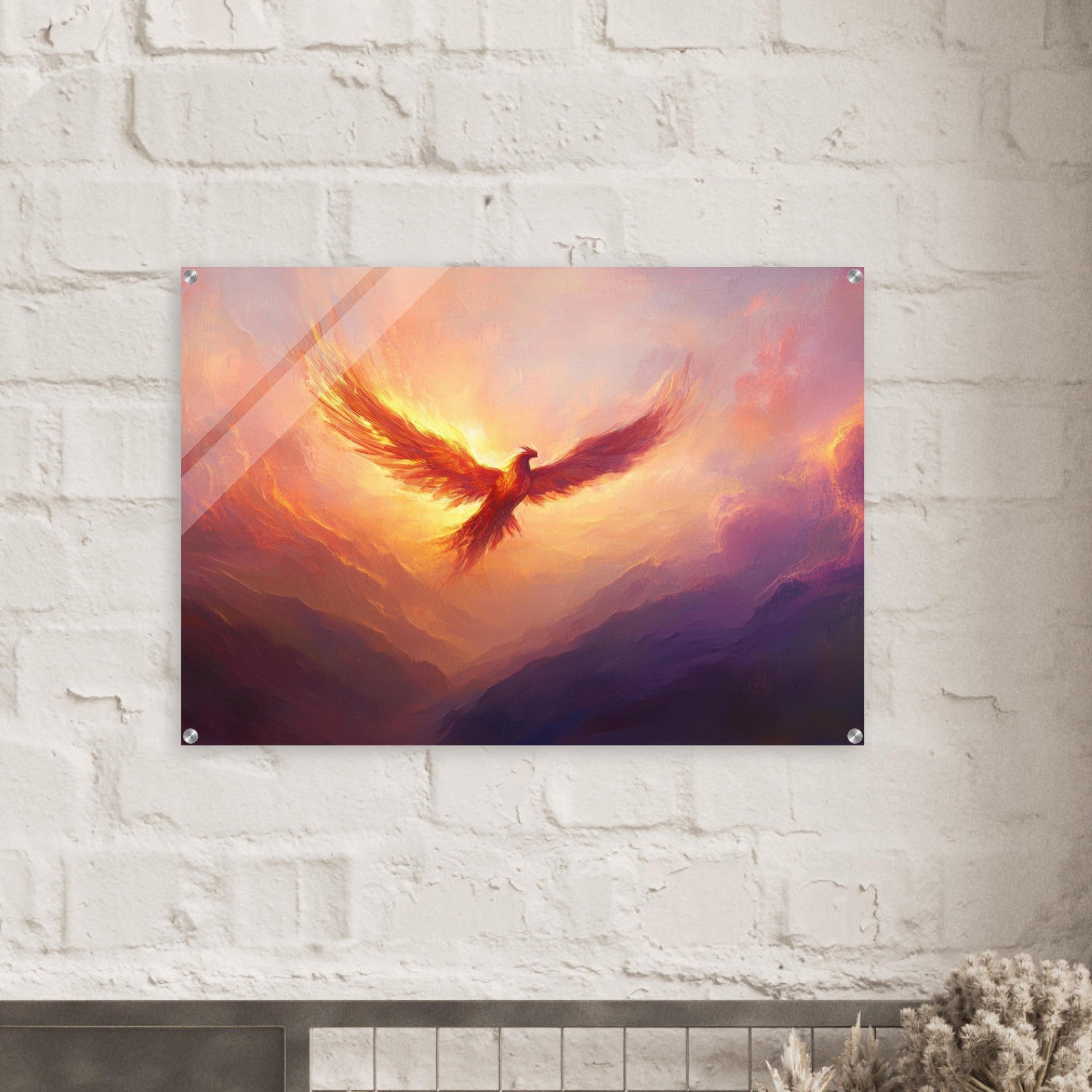 Acrylic Print Landscape - A celestial phoenix soars above a misty valley - Shop Ai Art WebShop - Digital Art online Store
