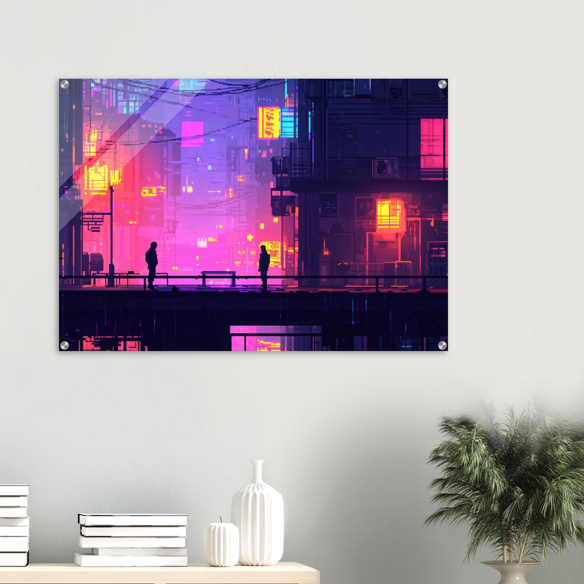 Acrylic Print Landscape - A city where neon lights create impossible rifle 5 - Shop Ai Art WebShop - Digital Art online Store