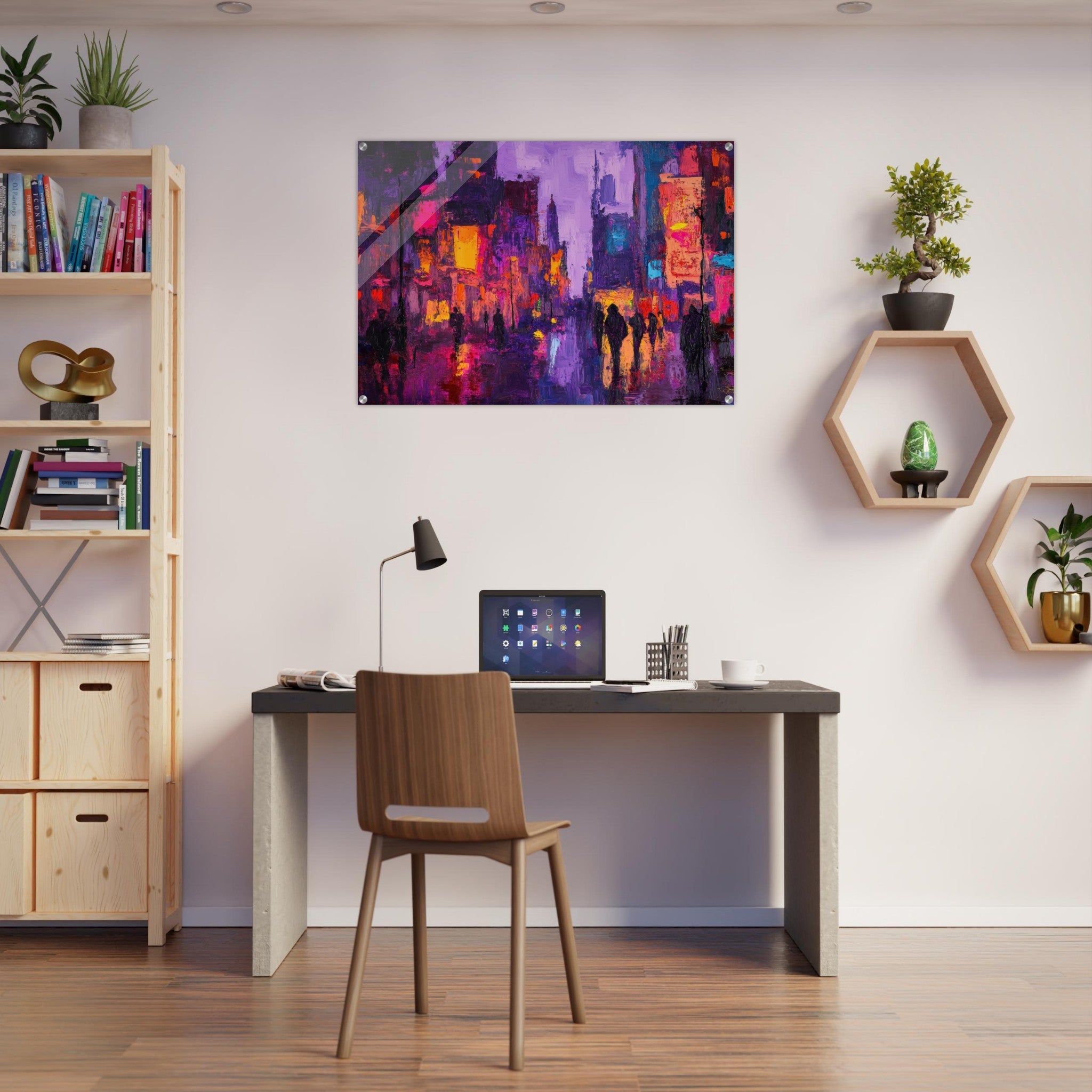 Acrylic Print Landscape - A cityscape bathed in the dim glow of streetligh 3 - Shop Ai Art WebShop - Digital Art online Store