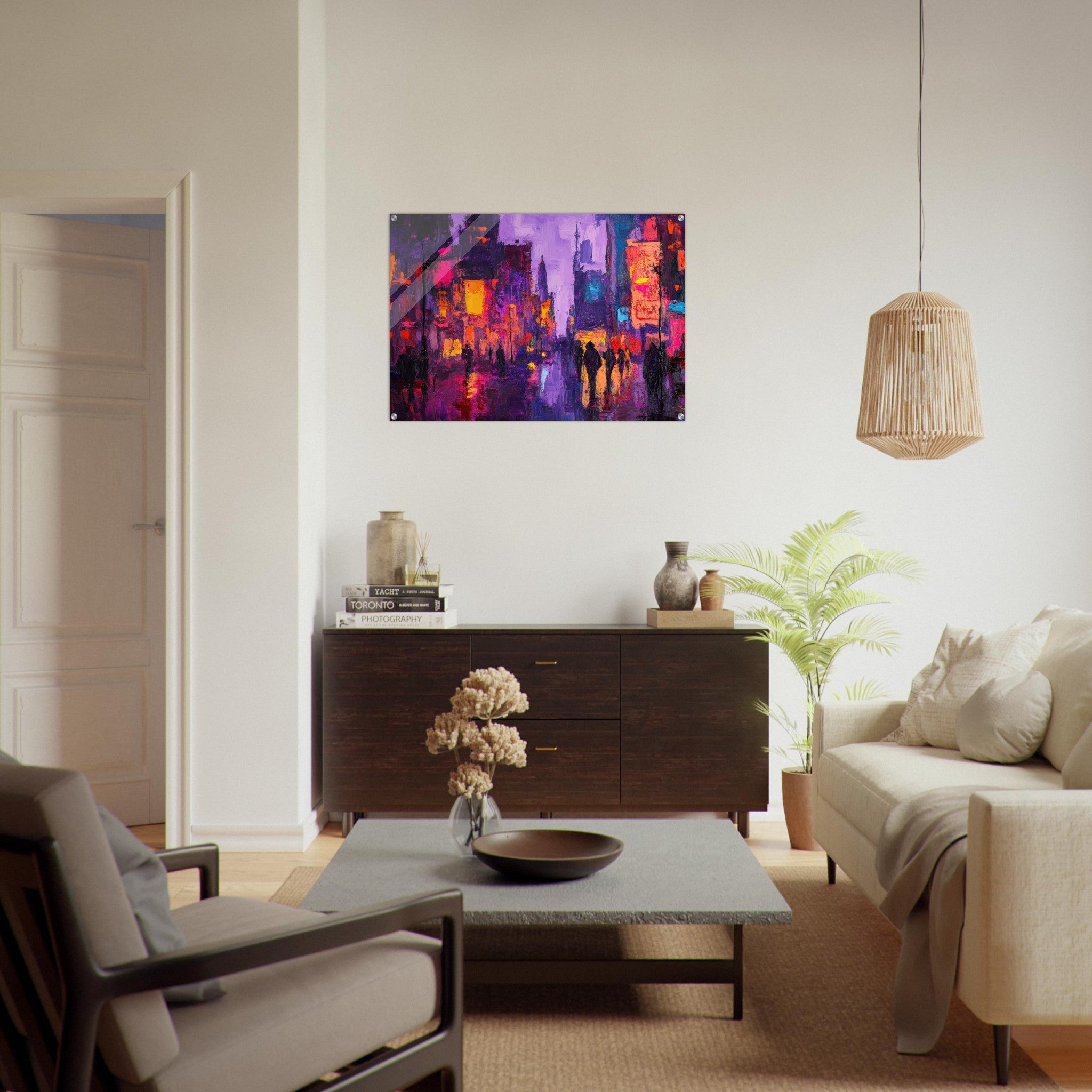 Acrylic Print Landscape - A cityscape bathed in the dim glow of streetligh 3 - Shop Ai Art WebShop - Digital Art online Store