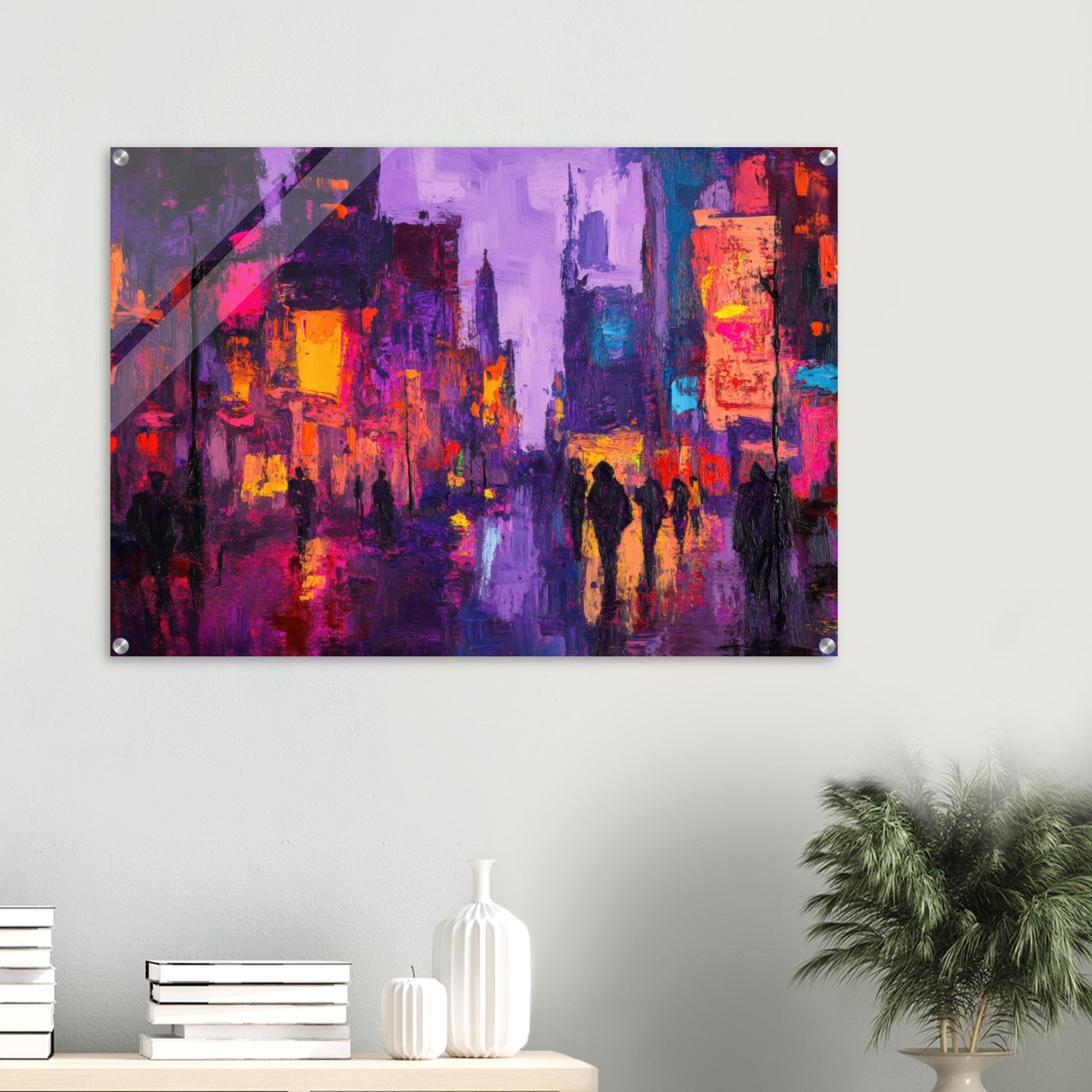Acrylic Print Landscape - A cityscape bathed in the dim glow of streetligh 3 - Shop Ai Art WebShop - Digital Art online Store