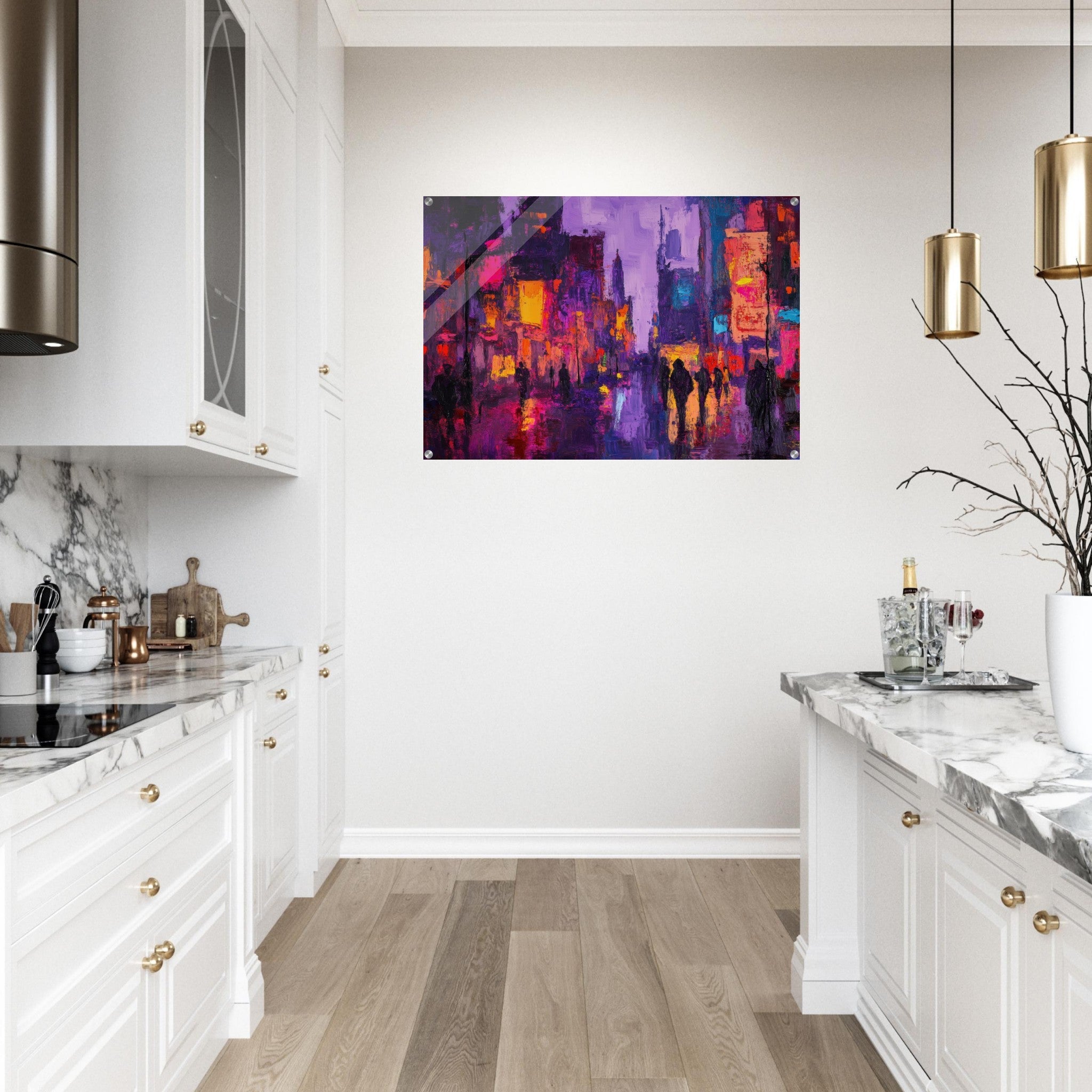 Acrylic Print Landscape - A cityscape bathed in the dim glow of streetligh 3 - Shop Ai Art WebShop - Digital Art online Store