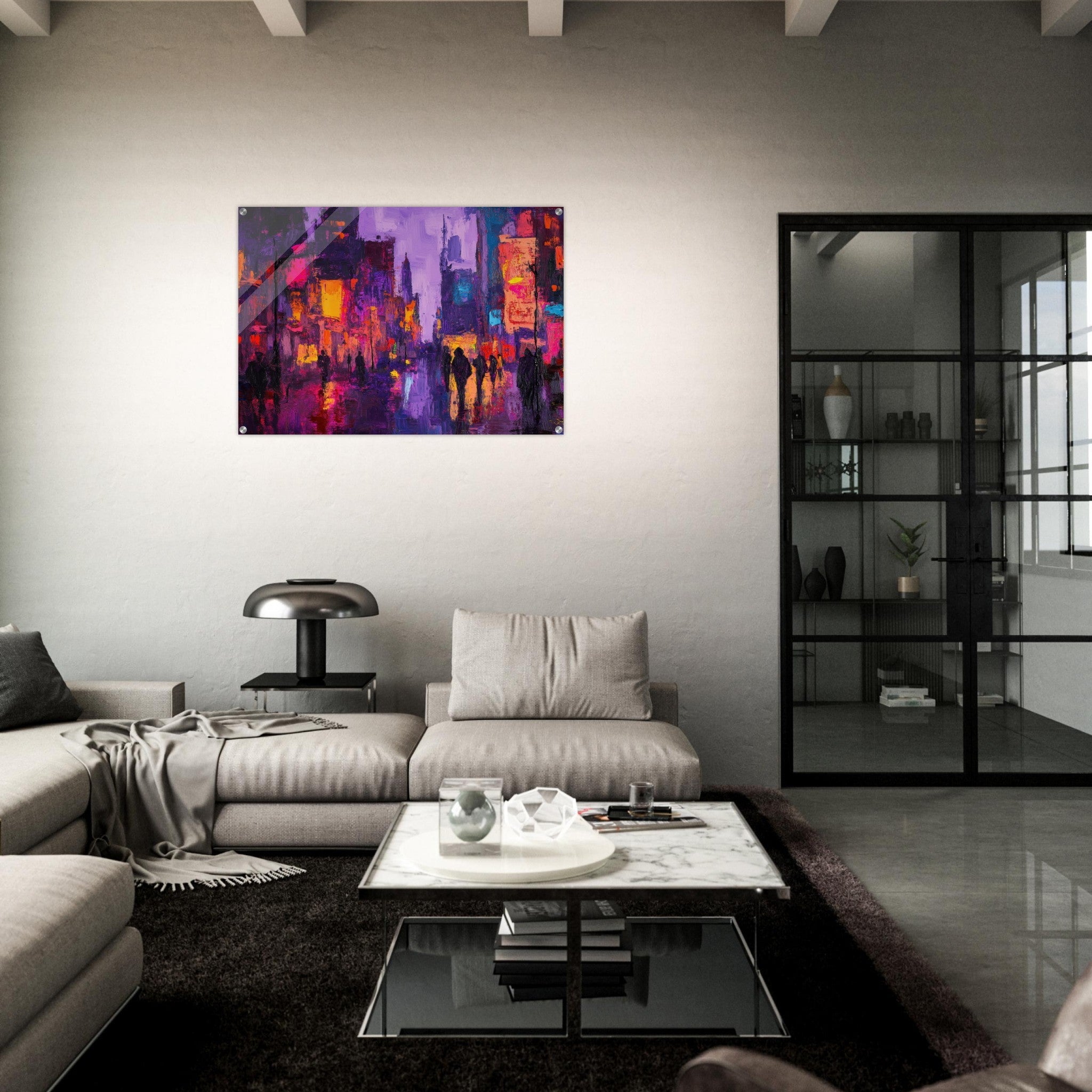 Acrylic Print Landscape - A cityscape bathed in the dim glow of streetligh 3 - Shop Ai Art WebShop - Digital Art online Store