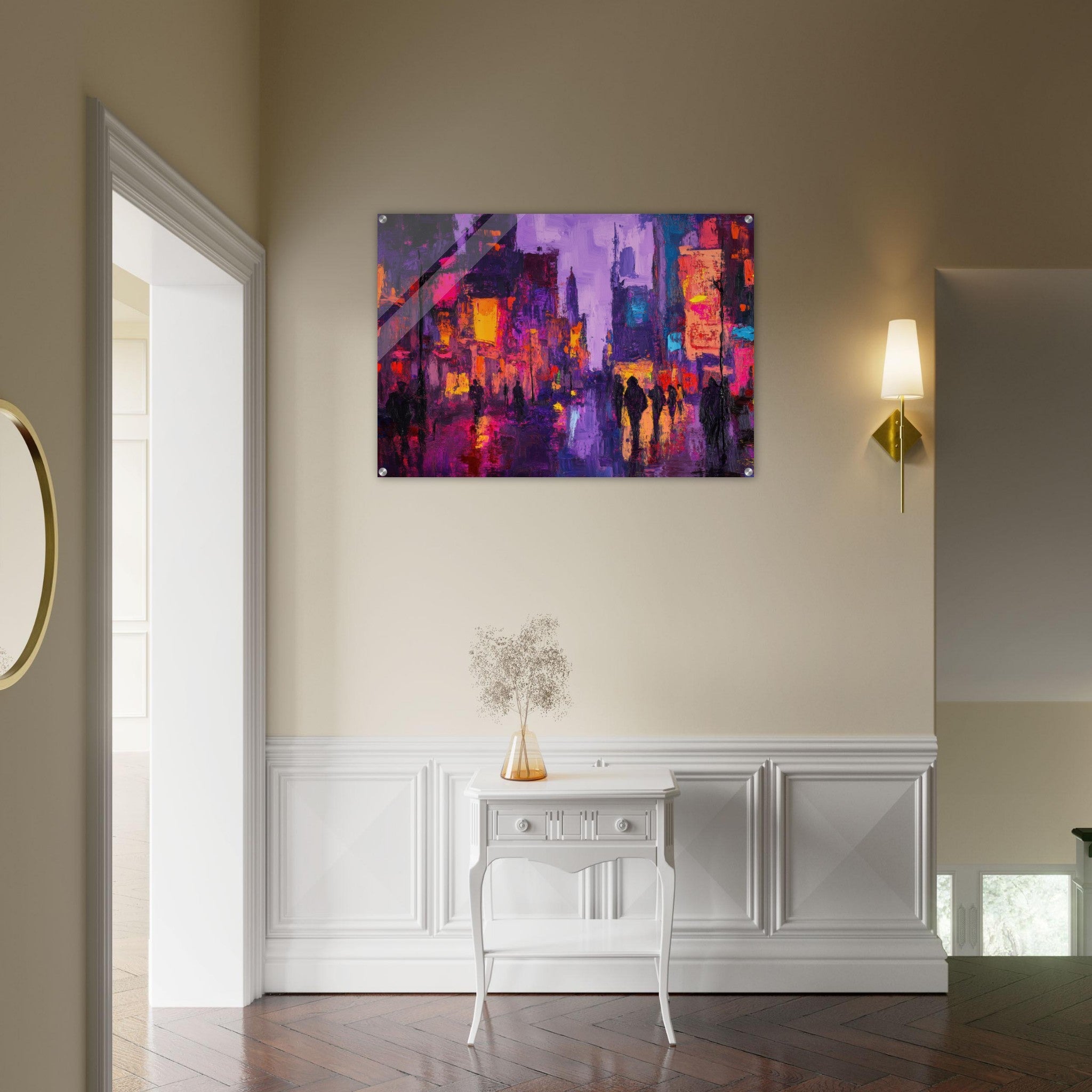 Acrylic Print Landscape - A cityscape bathed in the dim glow of streetligh 3 - Shop Ai Art WebShop - Digital Art online Store