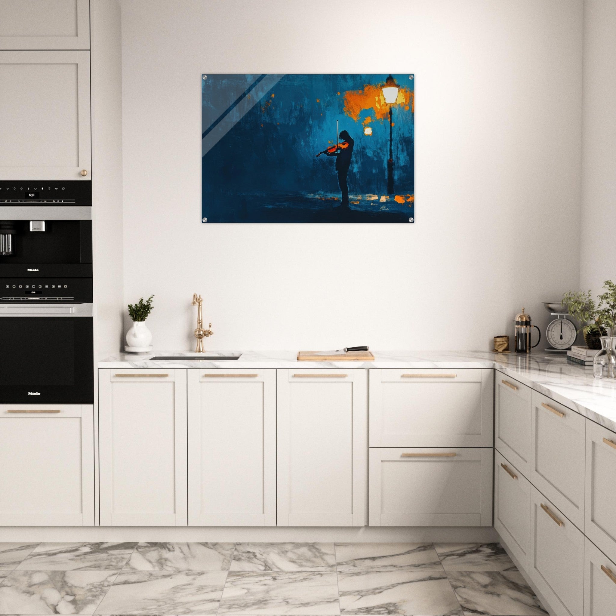 Acrylic Print Landscape - A lone violinist stands beneath a flickering sir 2 - Ai Art Force