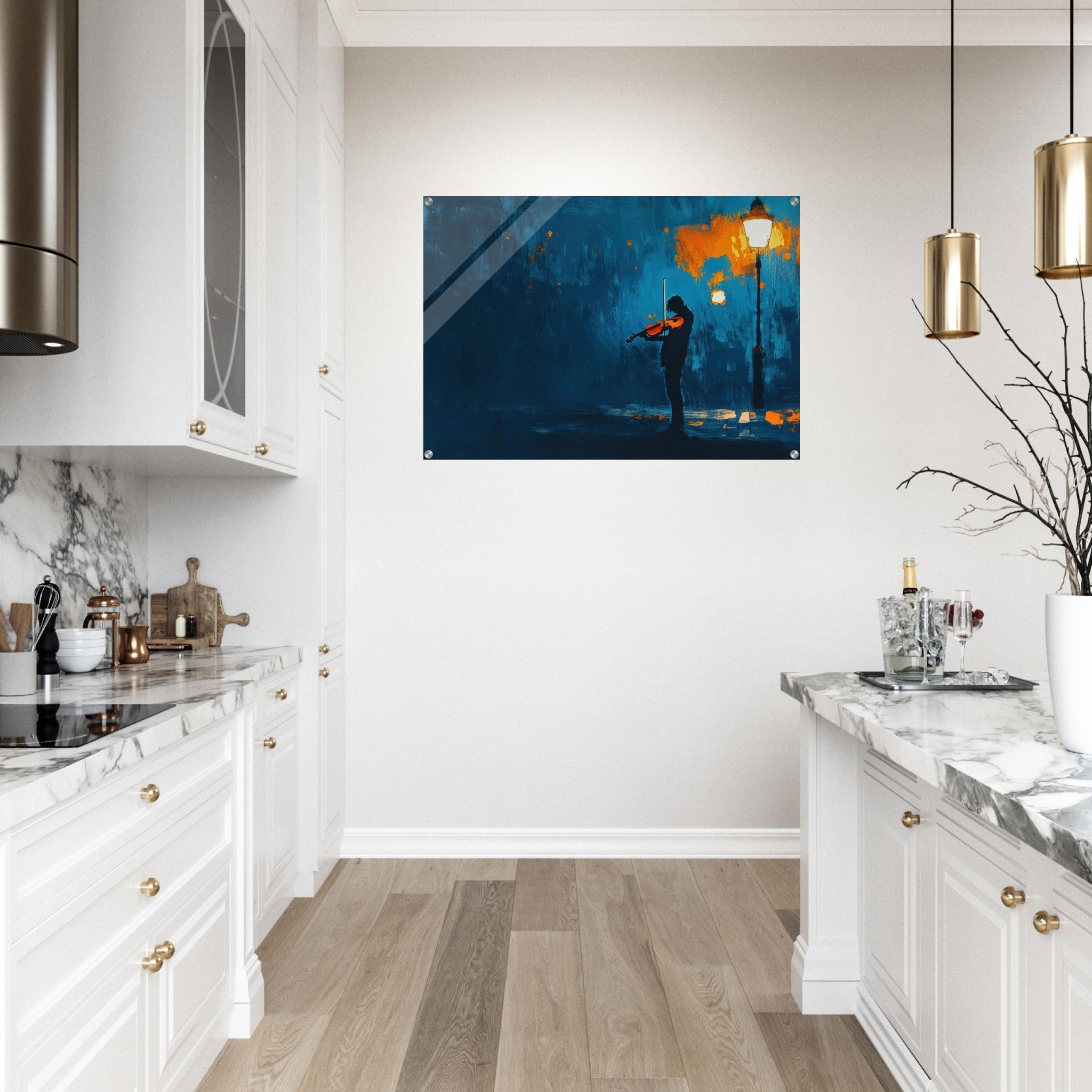 Acrylic Print Landscape - A lone violinist stands beneath a flickering sir 2 - Ai Art Force