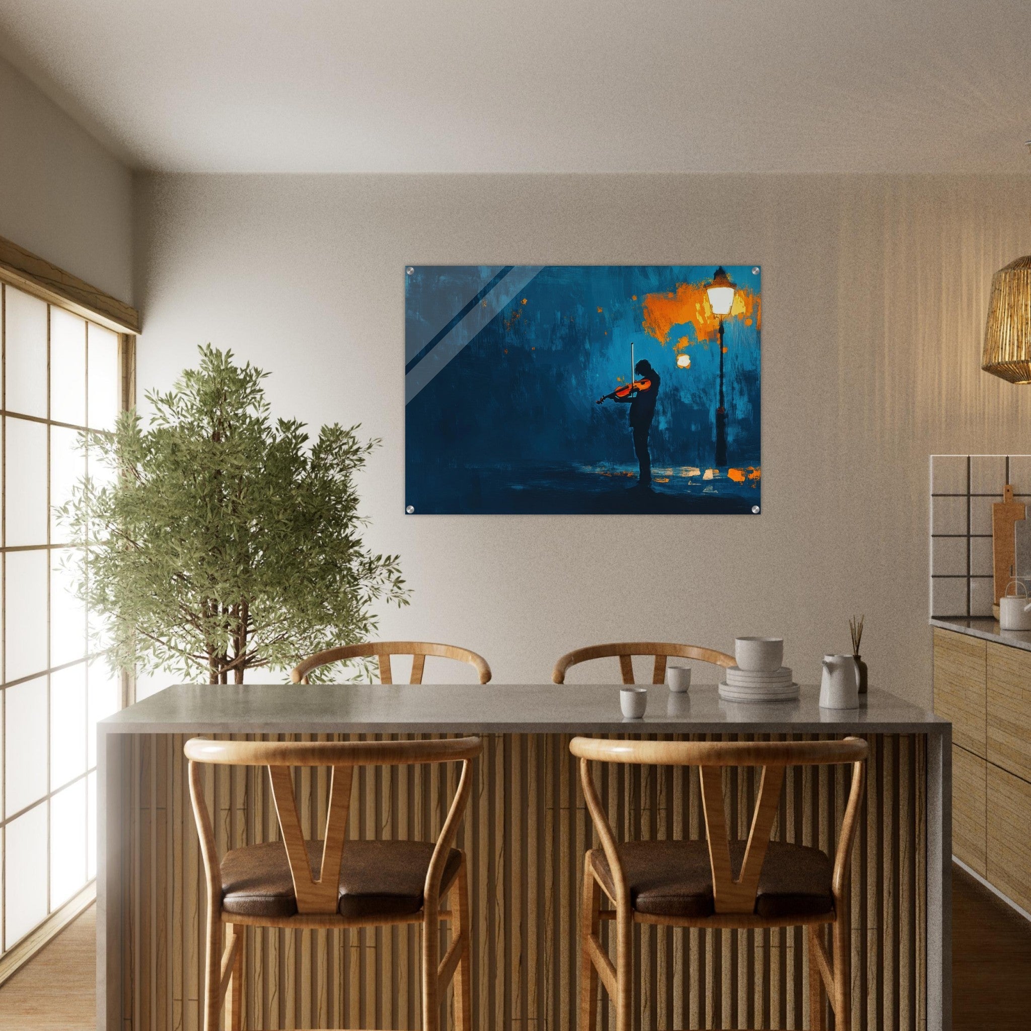 Acrylic Print Landscape - A lone violinist stands beneath a flickering sir 2 - Ai Art Force