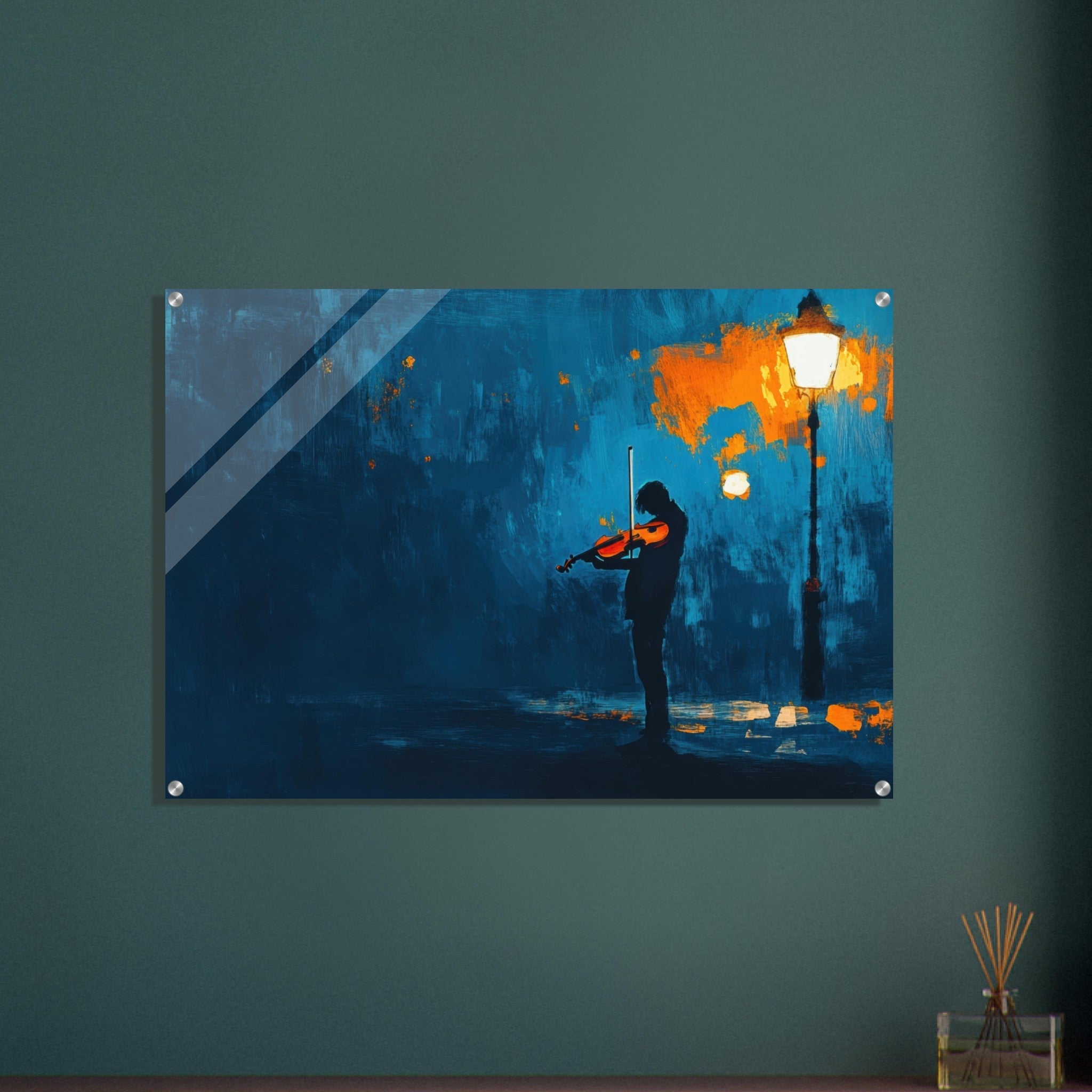 Acrylic Print Landscape - A lone violinist stands beneath a flickering sir 2 - Ai Art Force