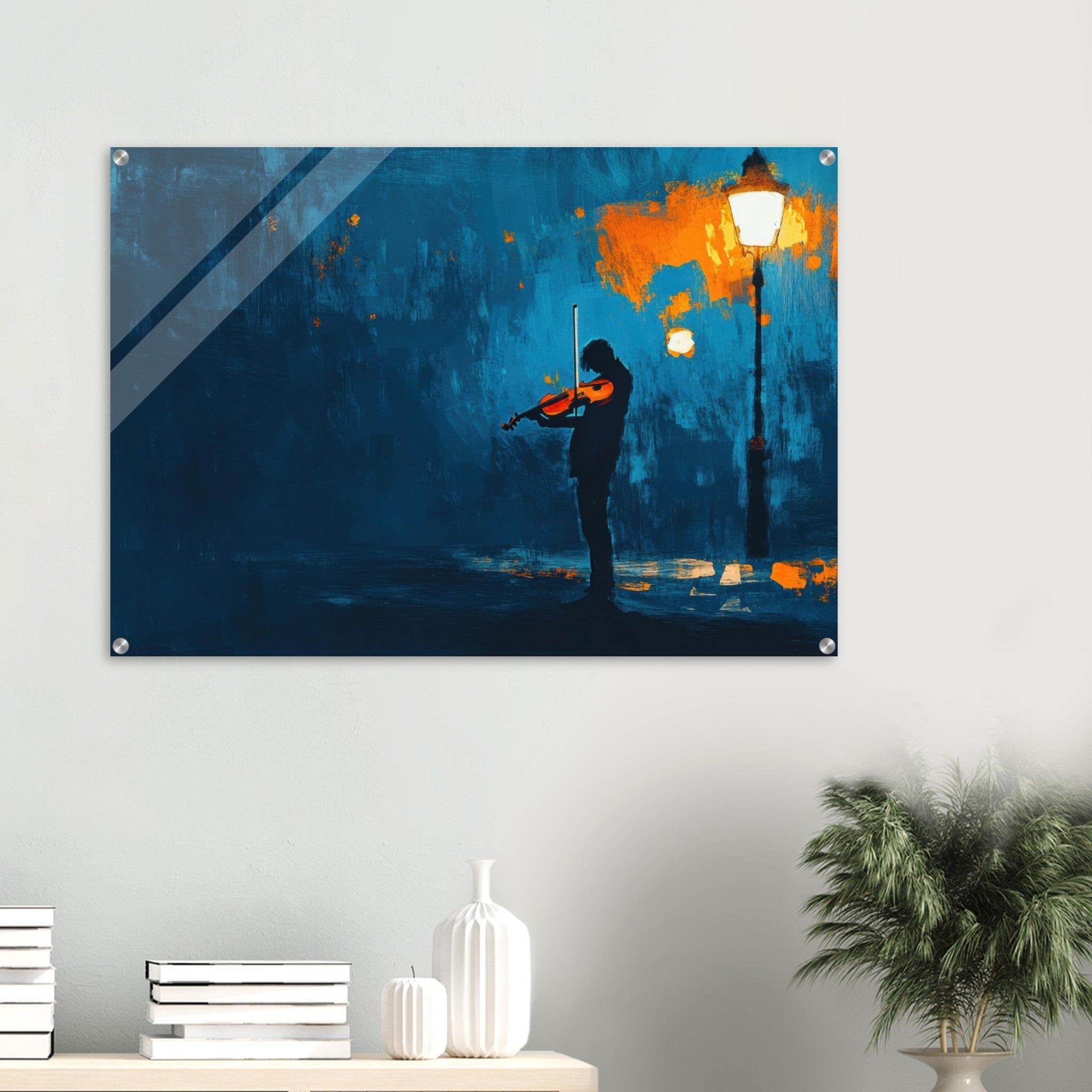 Acrylic Print Landscape - A lone violinist stands beneath a flickering sir 2 - Ai Art Force