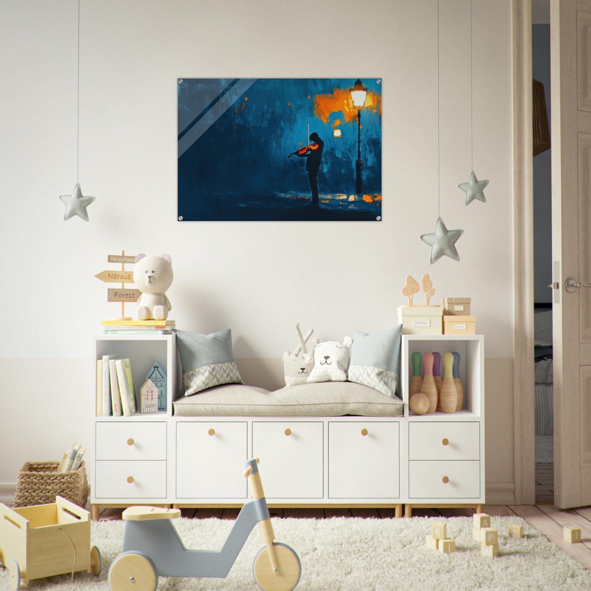 Acrylic Print Landscape - A lone violinist stands beneath a flickering sir 2 - Ai Art Force