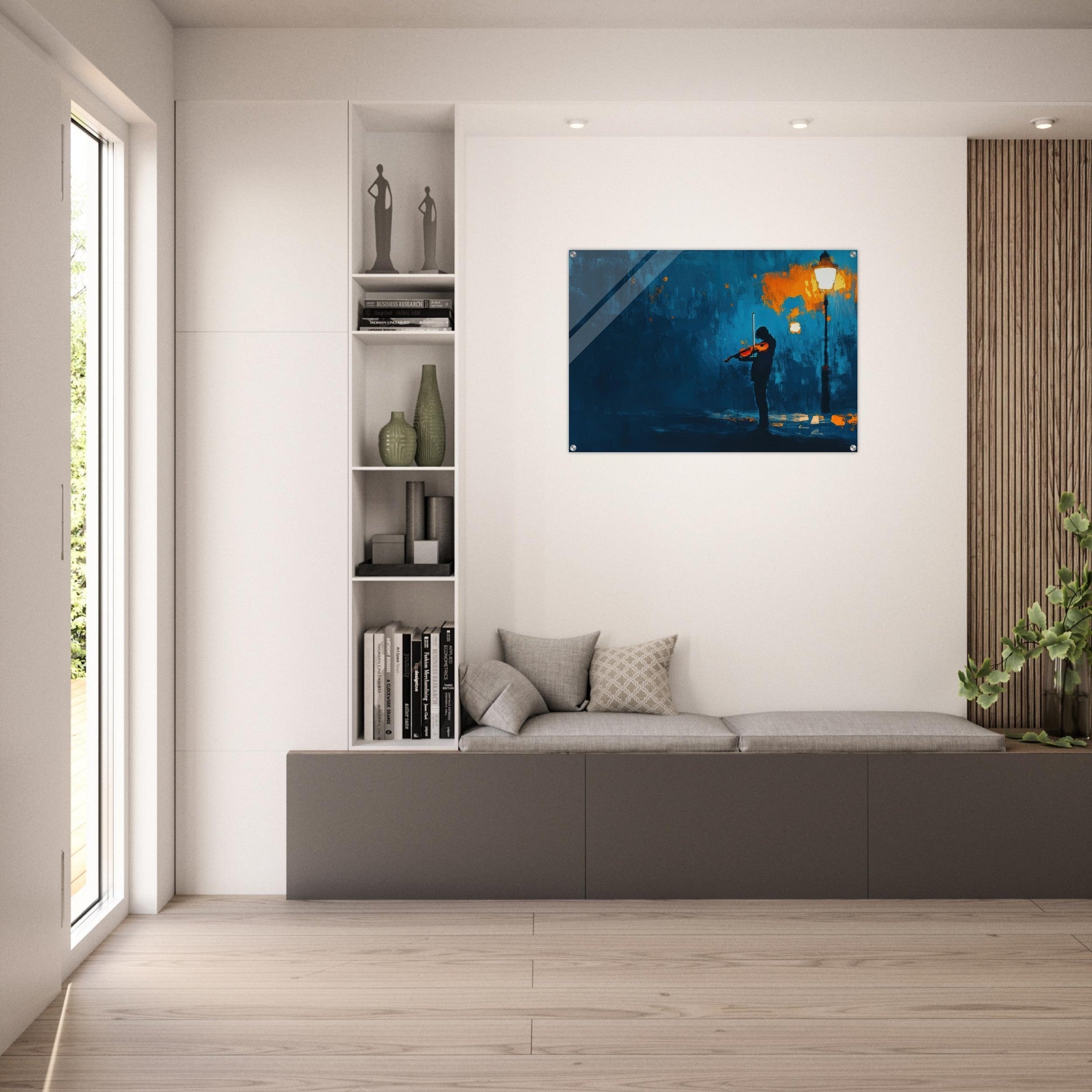 Acrylic Print Landscape - A lone violinist stands beneath a flickering sir 2 - Ai Art Force