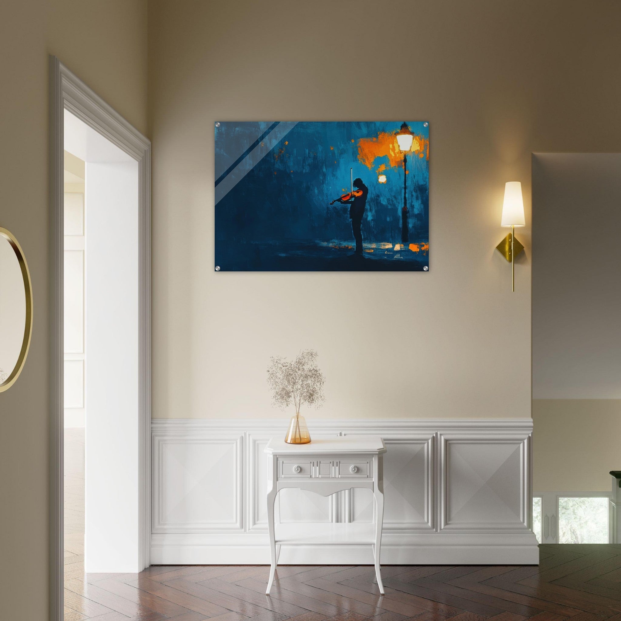 Acrylic Print Landscape - A lone violinist stands beneath a flickering sir 2 - Ai Art Force