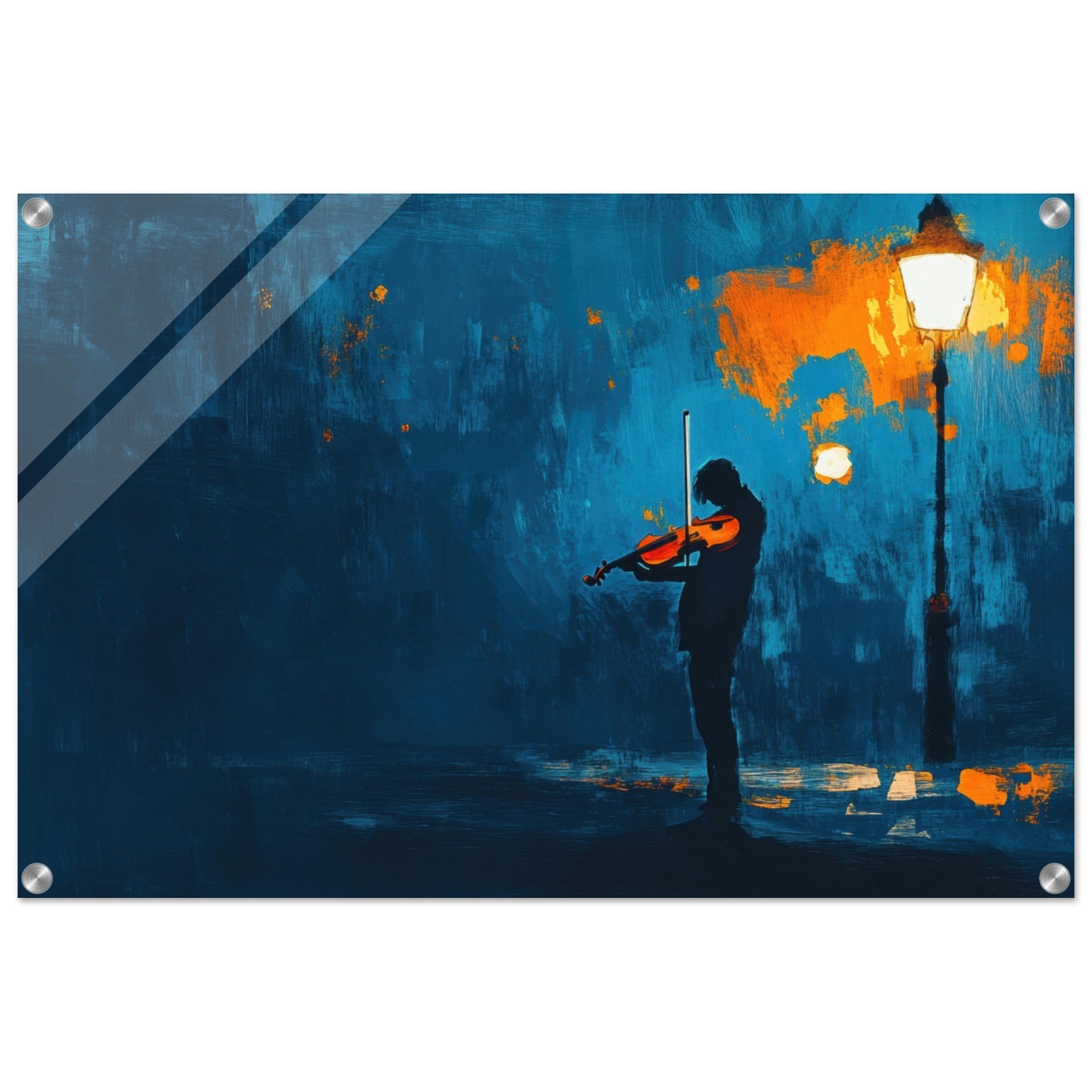 Acrylic Print Landscape - A lone violinist stands beneath a flickering sir 2 - Ai Art Force