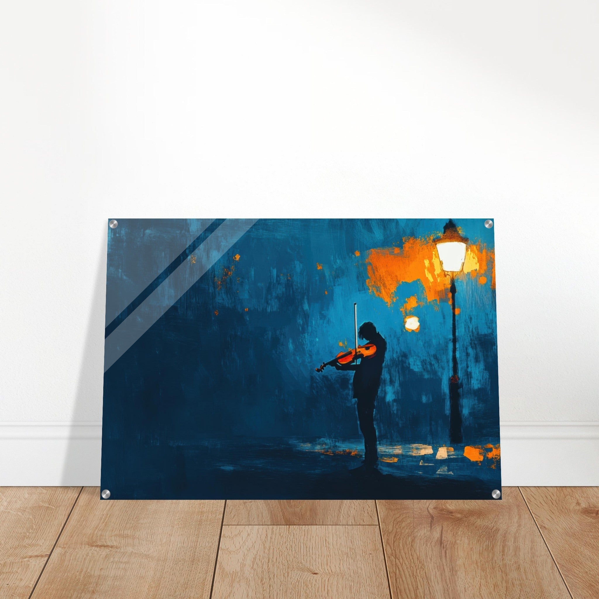 Acrylic Print Landscape - A lone violinist stands beneath a flickering sir 2 - Ai Art Force