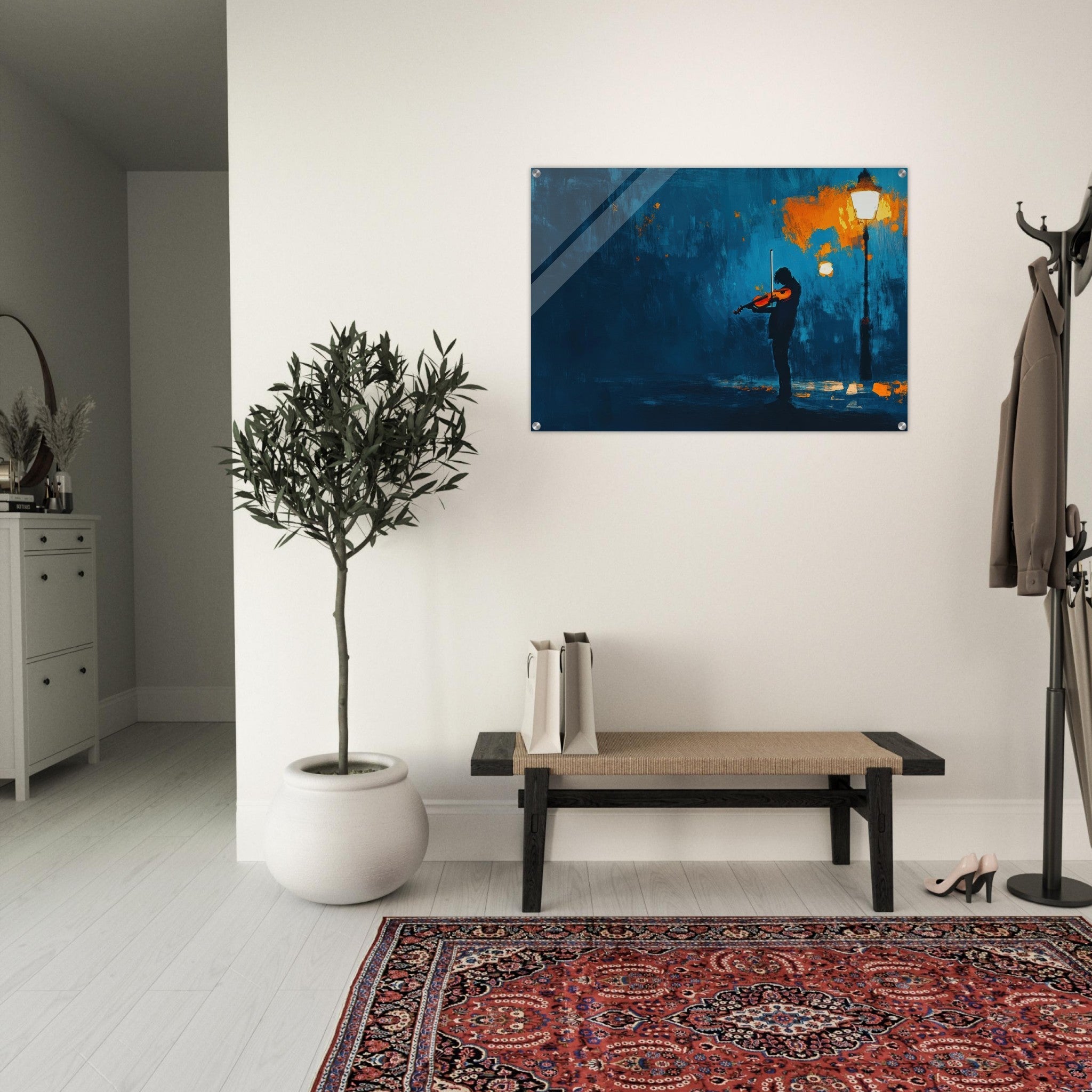 Acrylic Print Landscape - A lone violinist stands beneath a flickering sir 2 - Ai Art Force