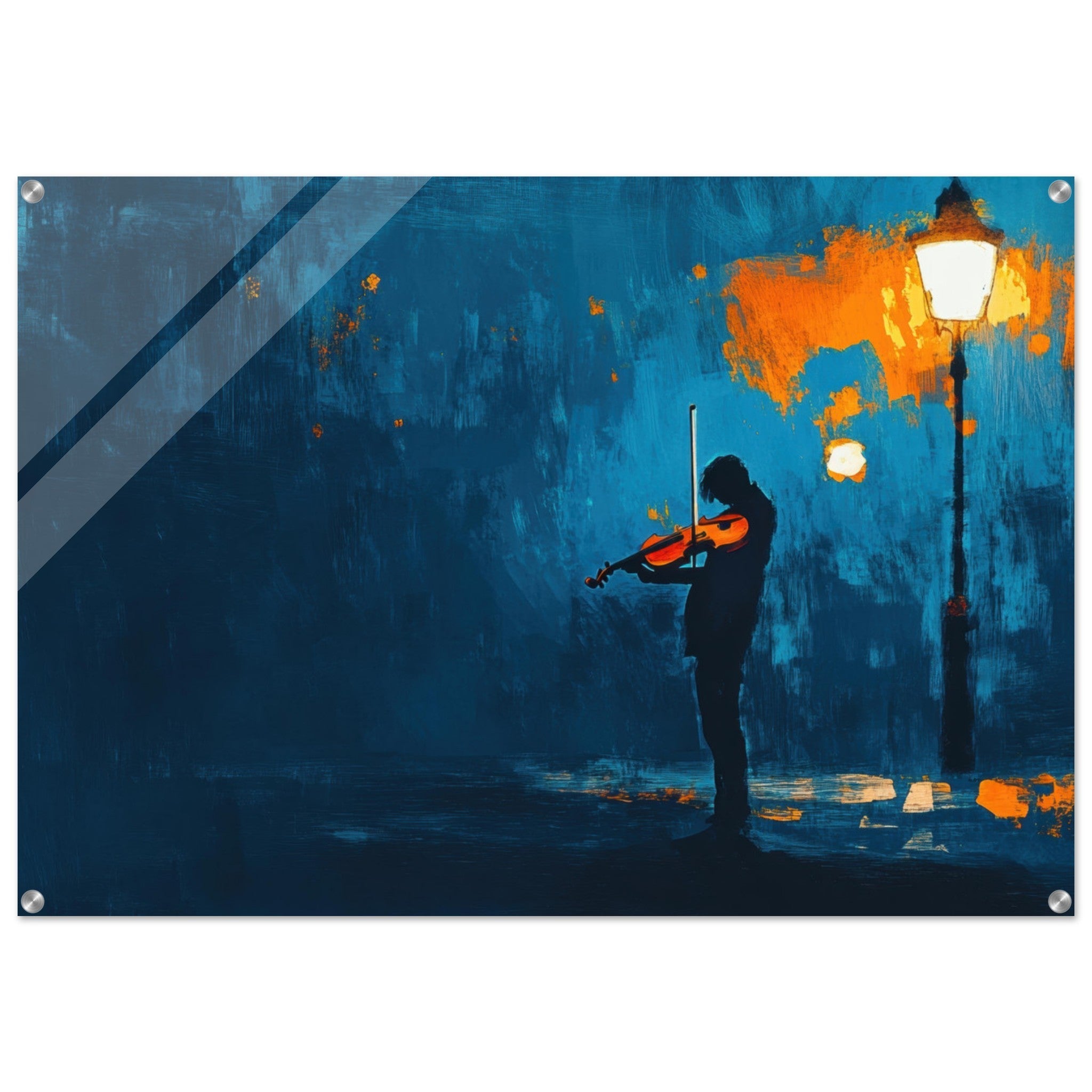 Acrylic Print Landscape - A lone violinist stands beneath a flickering sir 2 - Ai Art Force