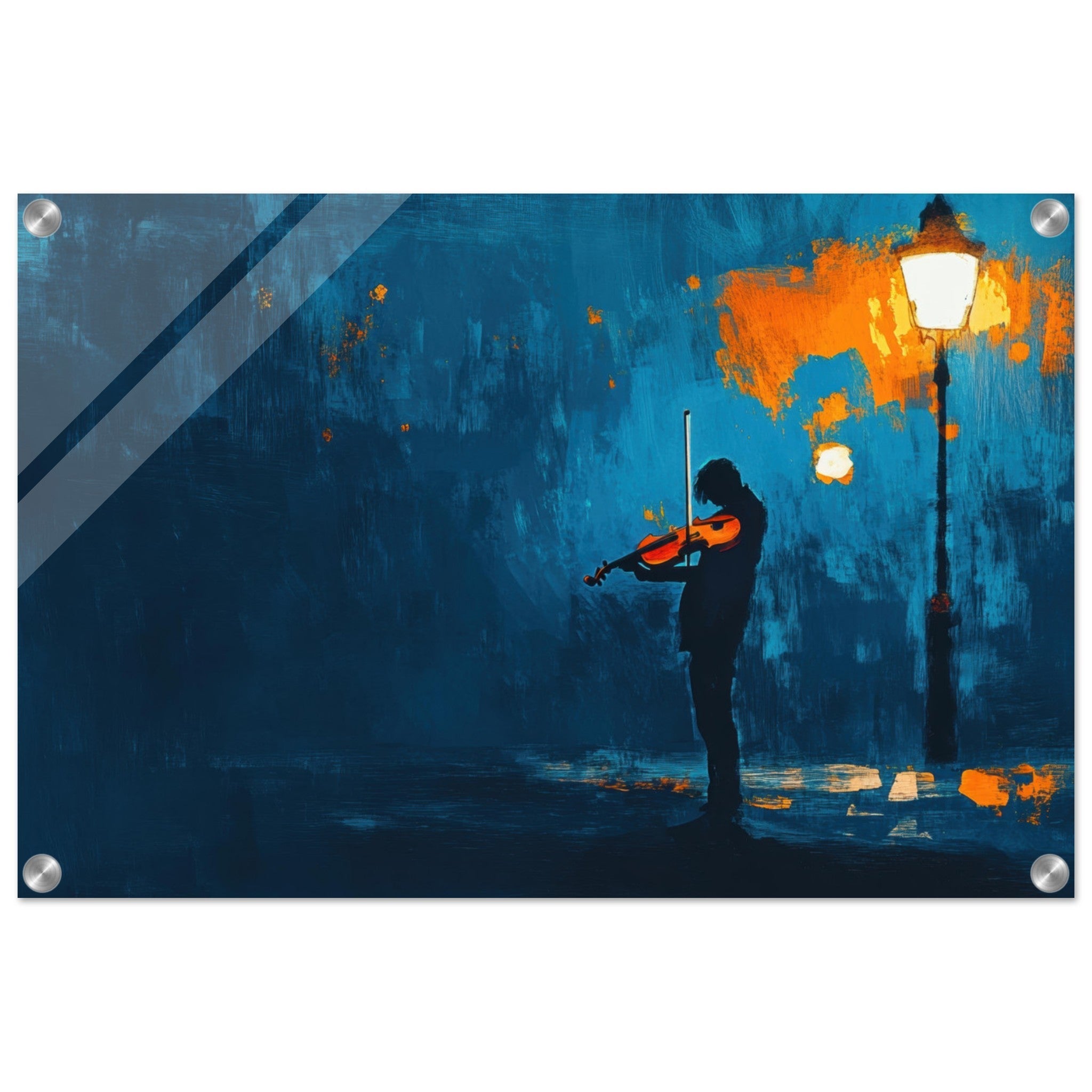 Acrylic Print Landscape - A lone violinist stands beneath a flickering sir 2 - Ai Art Force