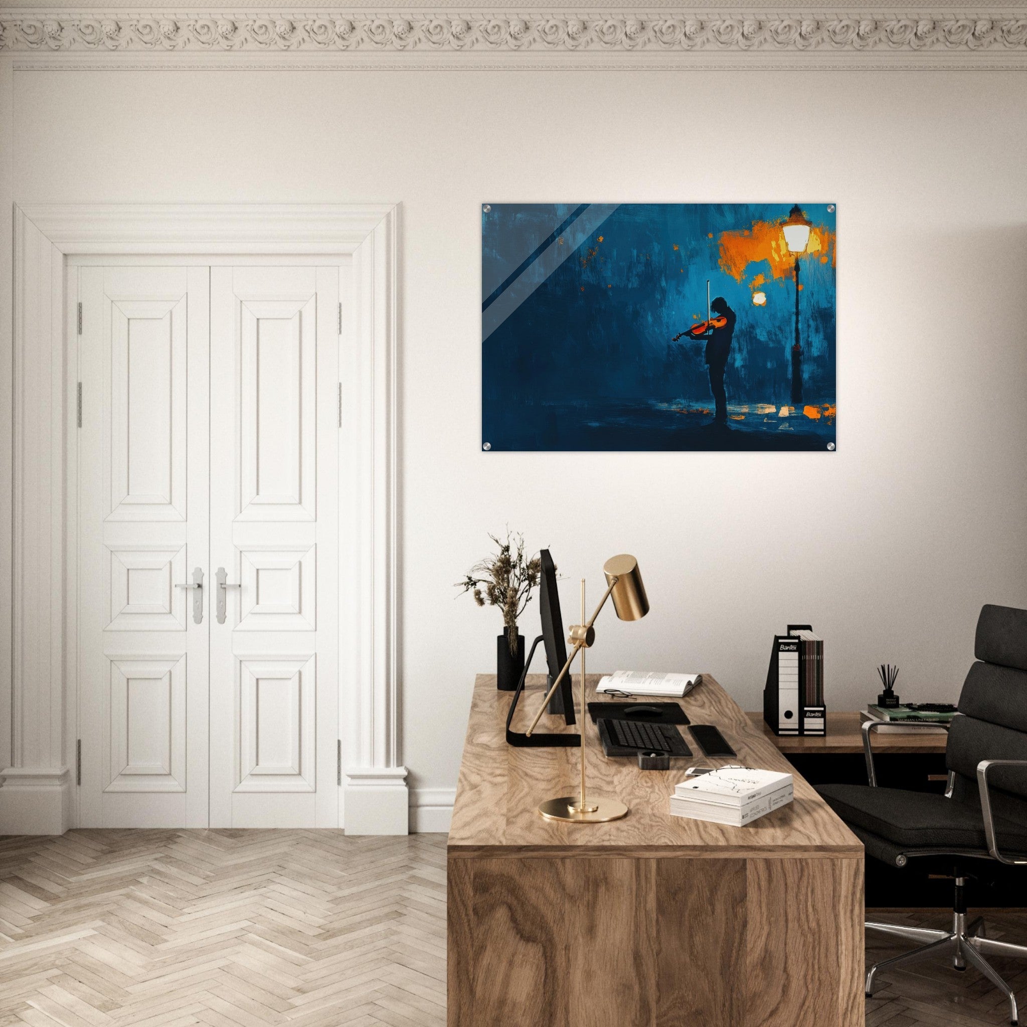 Acrylic Print Landscape - A lone violinist stands beneath a flickering sir 2 - Ai Art Force