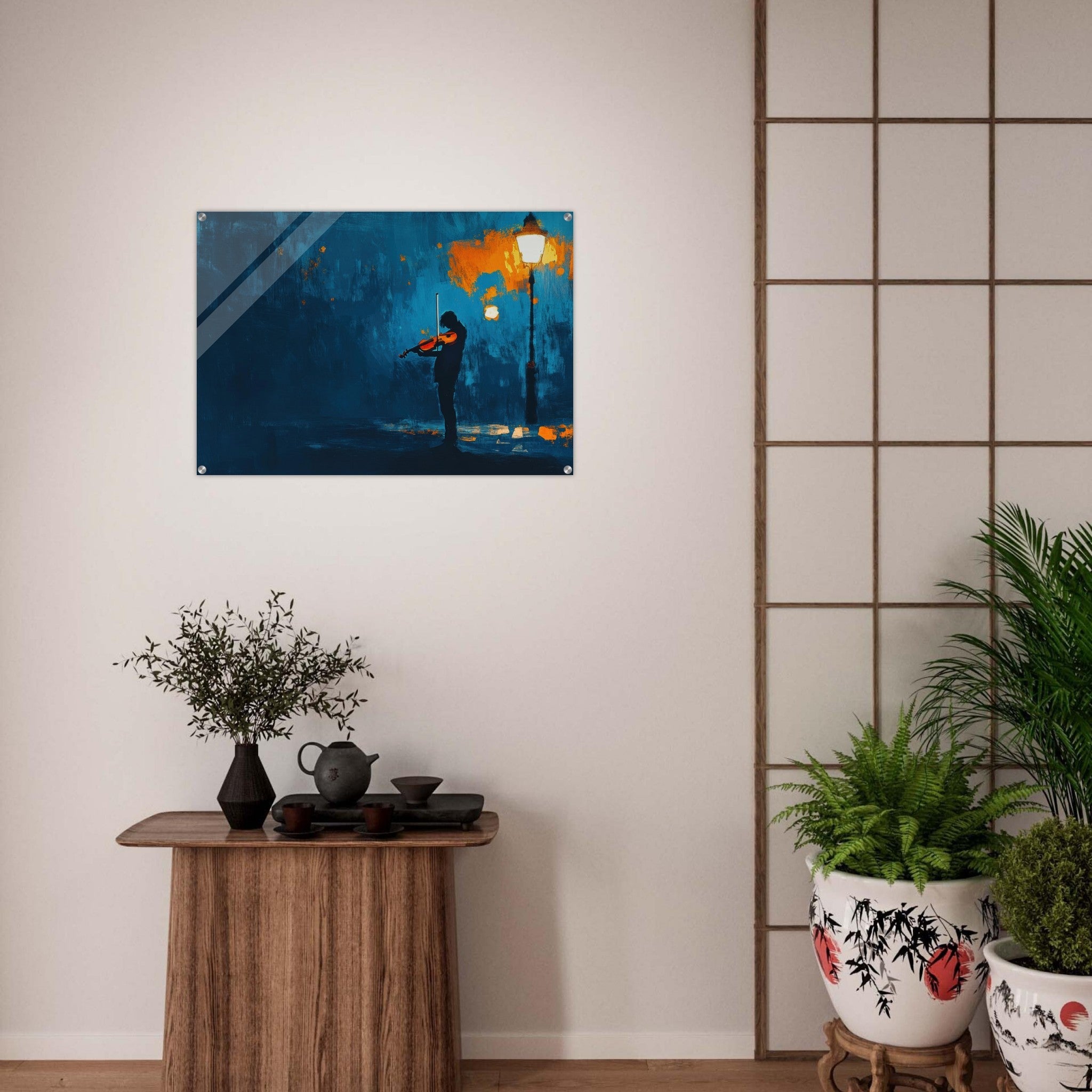 Acrylic Print Landscape - A lone violinist stands beneath a flickering sir 2 - Ai Art Force