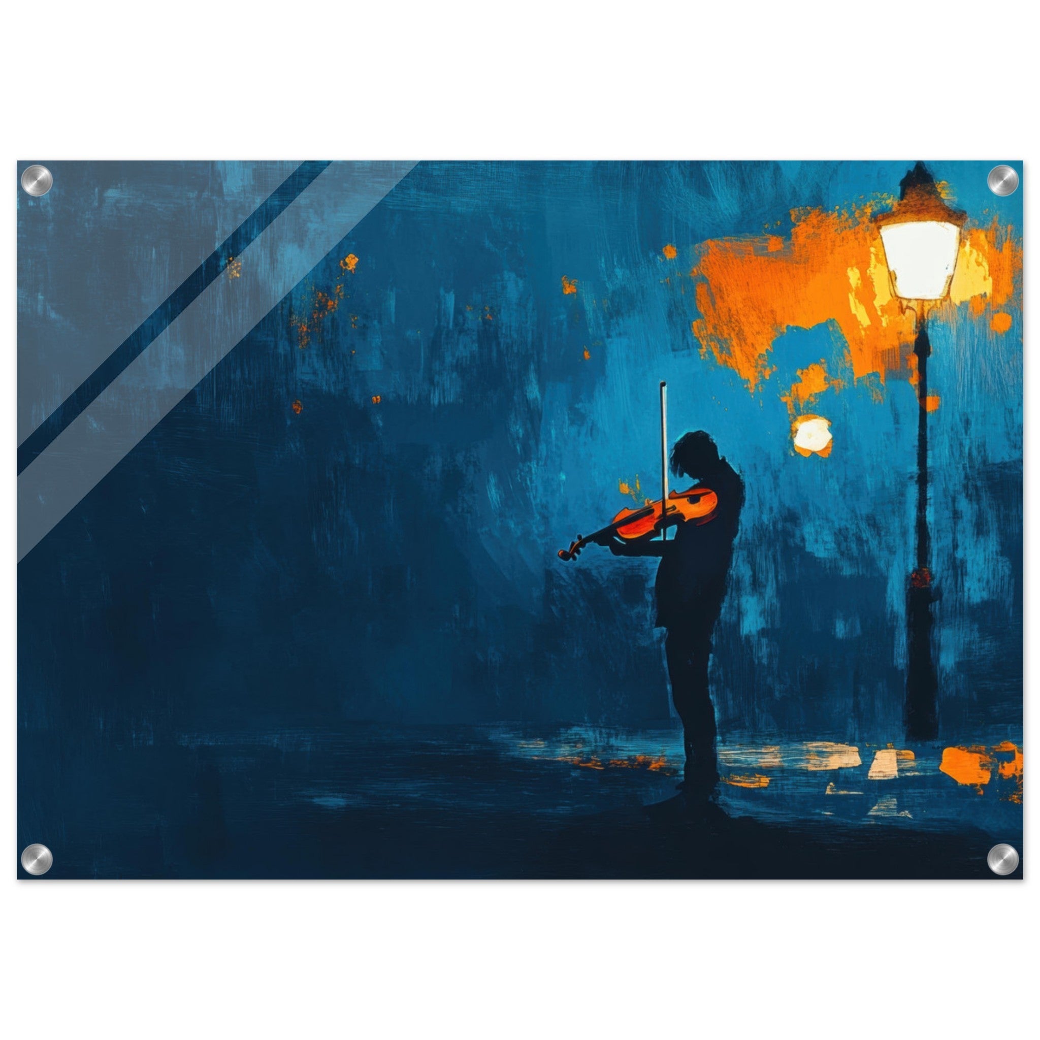 Acrylic Print Landscape - A lone violinist stands beneath a flickering sir 2 - Ai Art Force