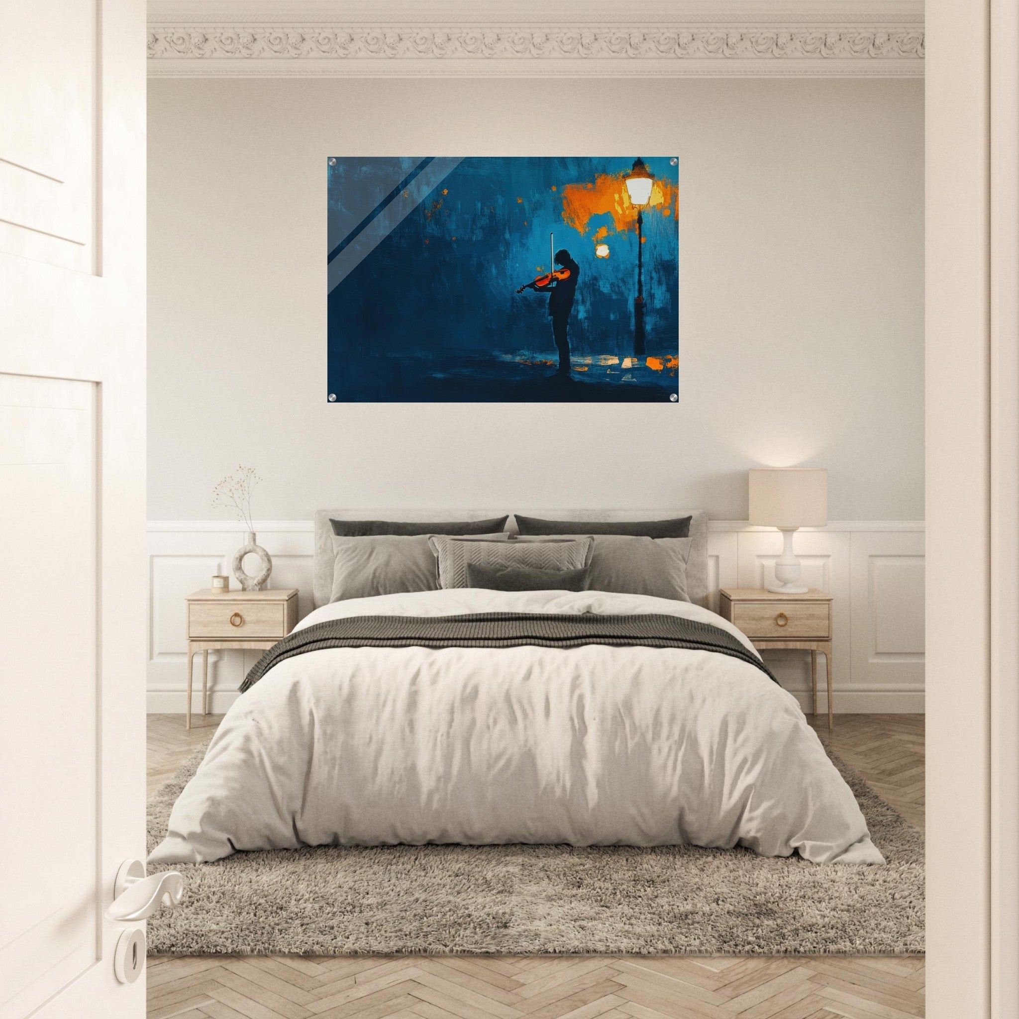 Acrylic Print Landscape - A lone violinist stands beneath a flickering sir 2 - Ai Art Force