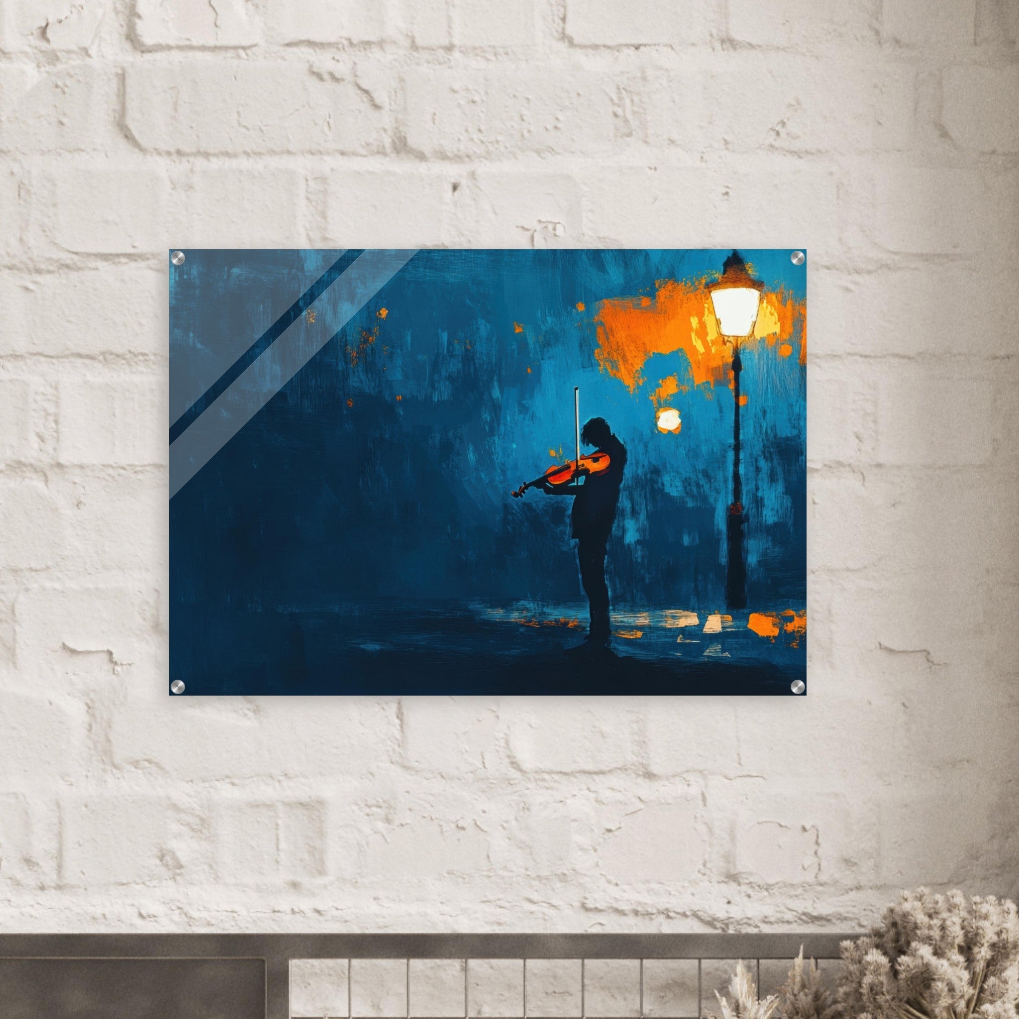 Acrylic Print Landscape - A lone violinist stands beneath a flickering sir 2 - Ai Art Force