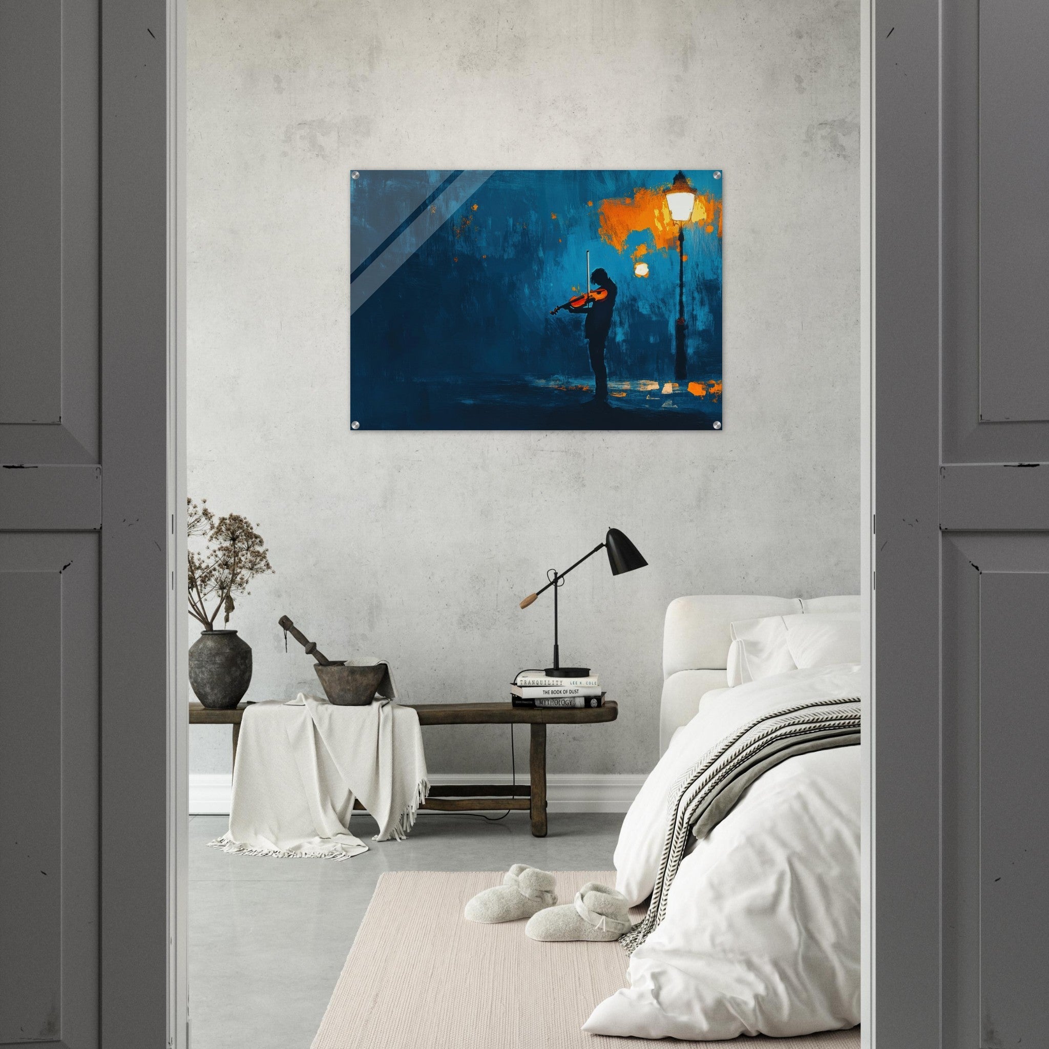 Acrylic Print Landscape - A lone violinist stands beneath a flickering sir 2 - Ai Art Force