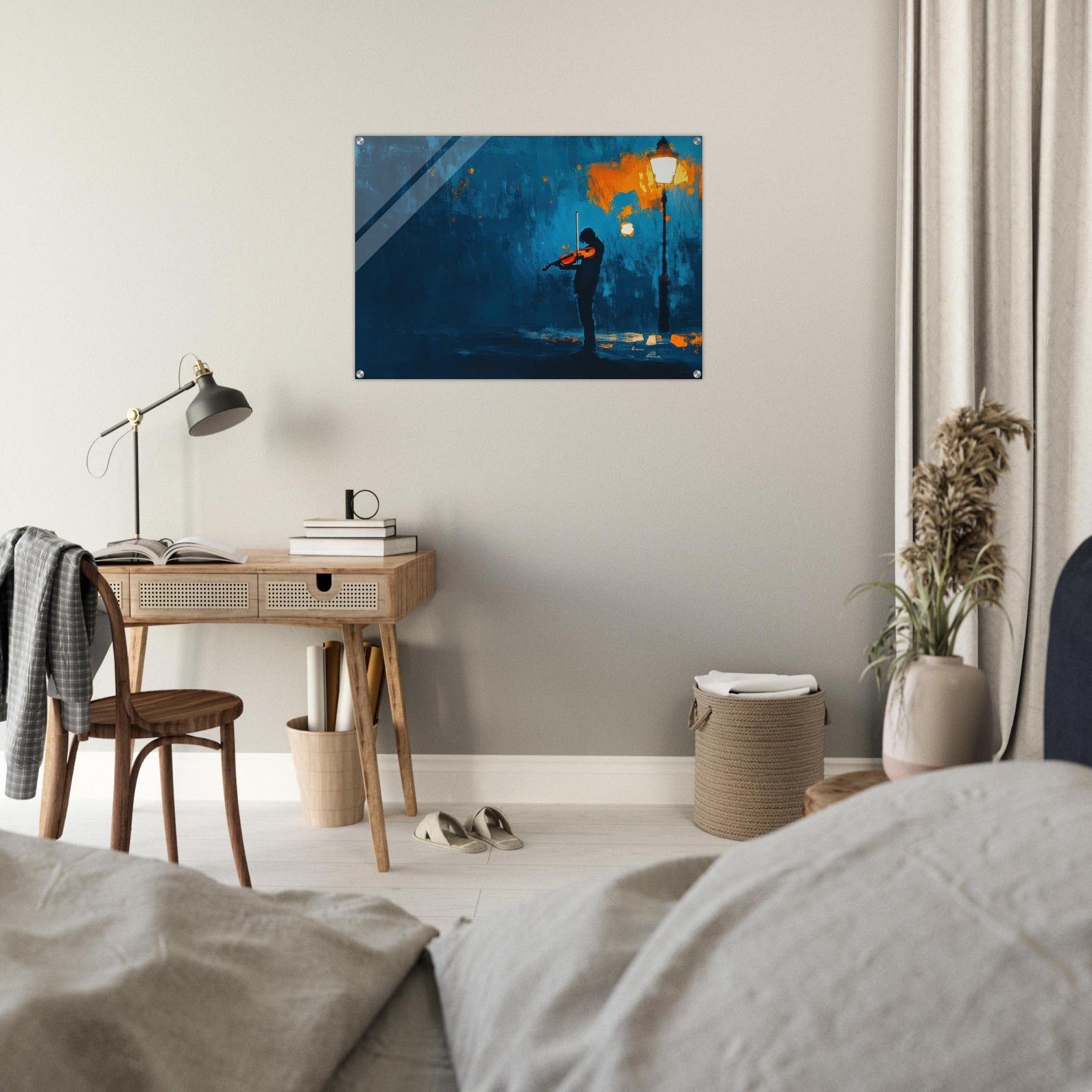 Acrylic Print Landscape - A lone violinist stands beneath a flickering sir 2 - Ai Art Force