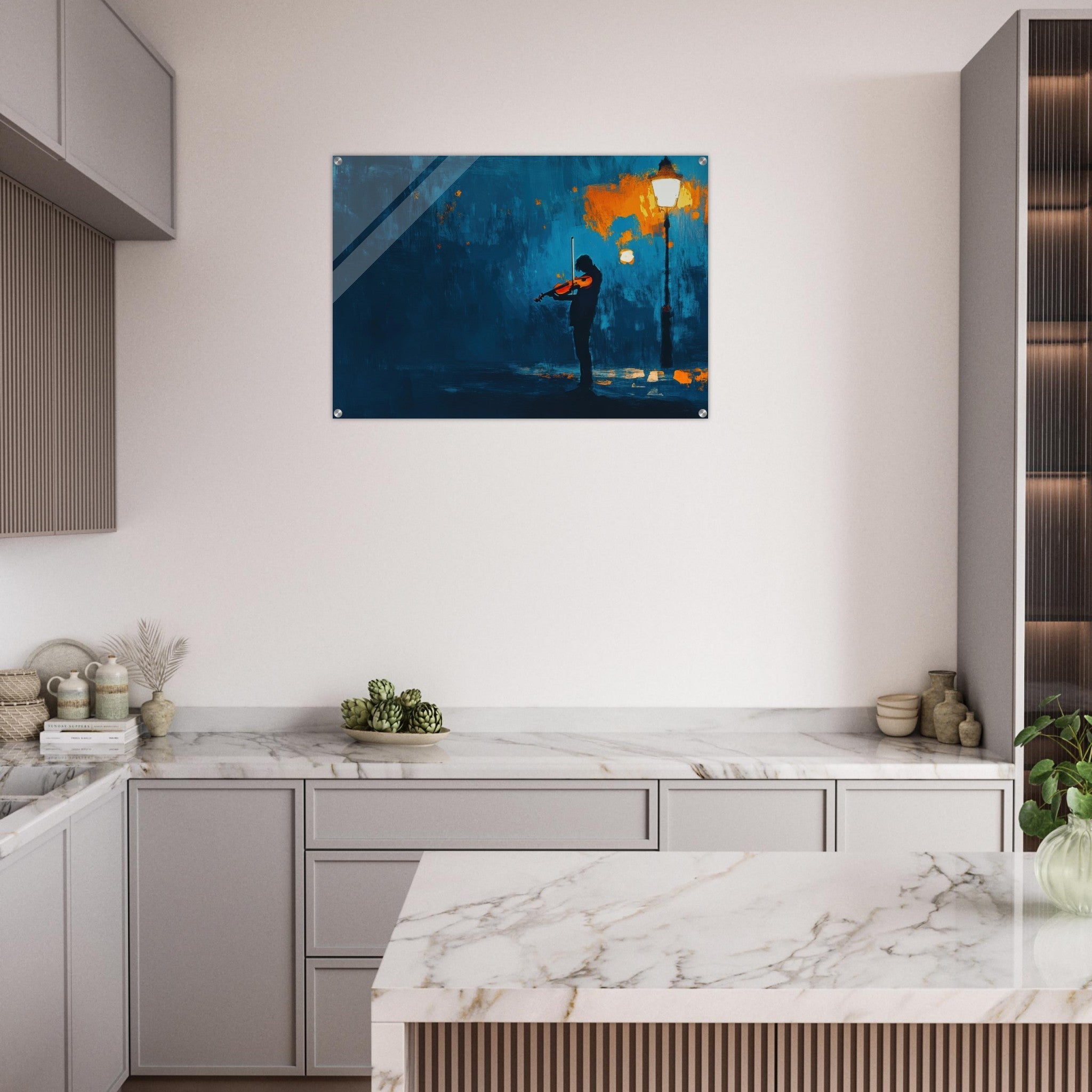 Acrylic Print Landscape - A lone violinist stands beneath a flickering sir 2 - Ai Art Force