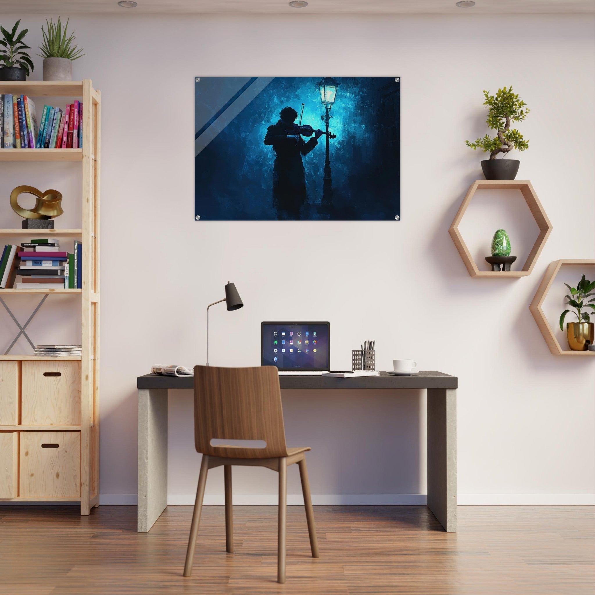 Acrylic Print Landscape - A lone violinist stands beneath a flickering sir 3 - Shop Ai Art WebShop - Digital Art online Store