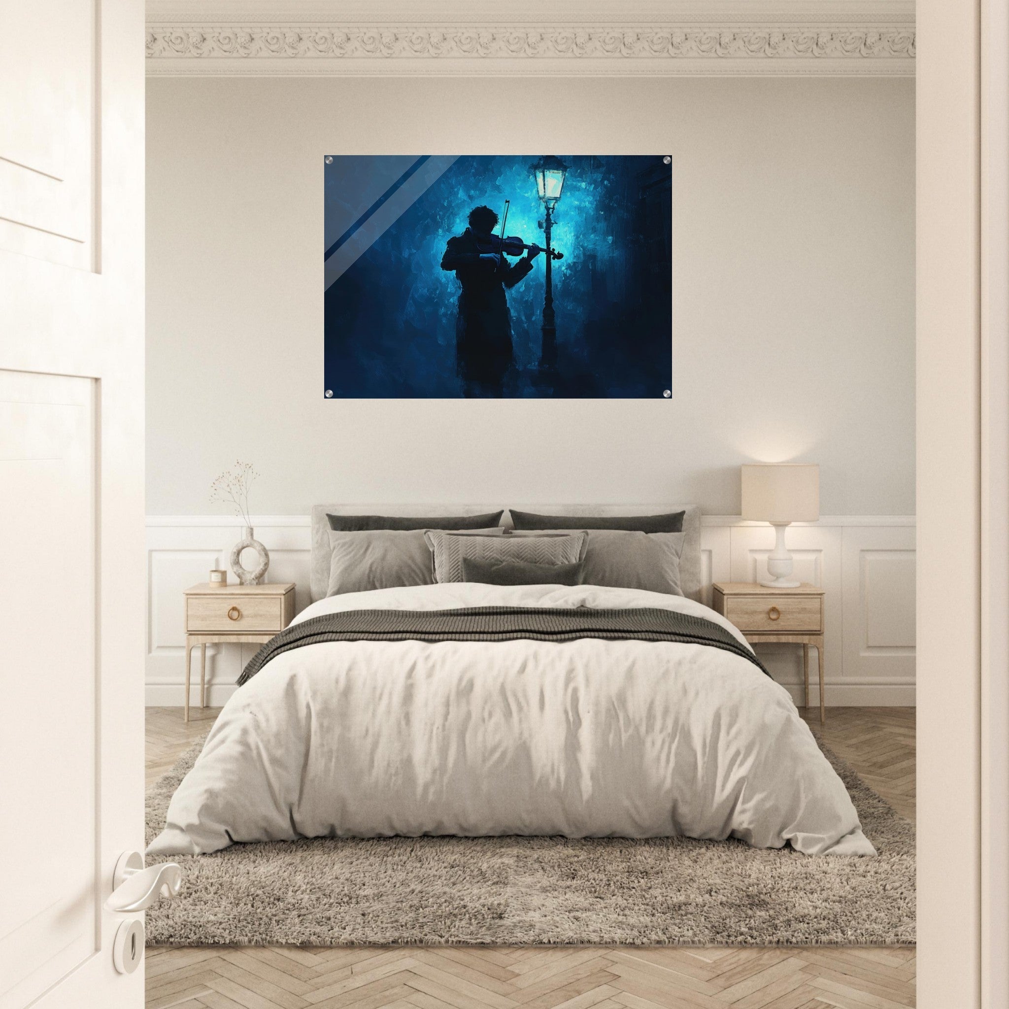 Acrylic Print Landscape - A lone violinist stands beneath a flickering sir 3 - Shop Ai Art WebShop - Digital Art online Store