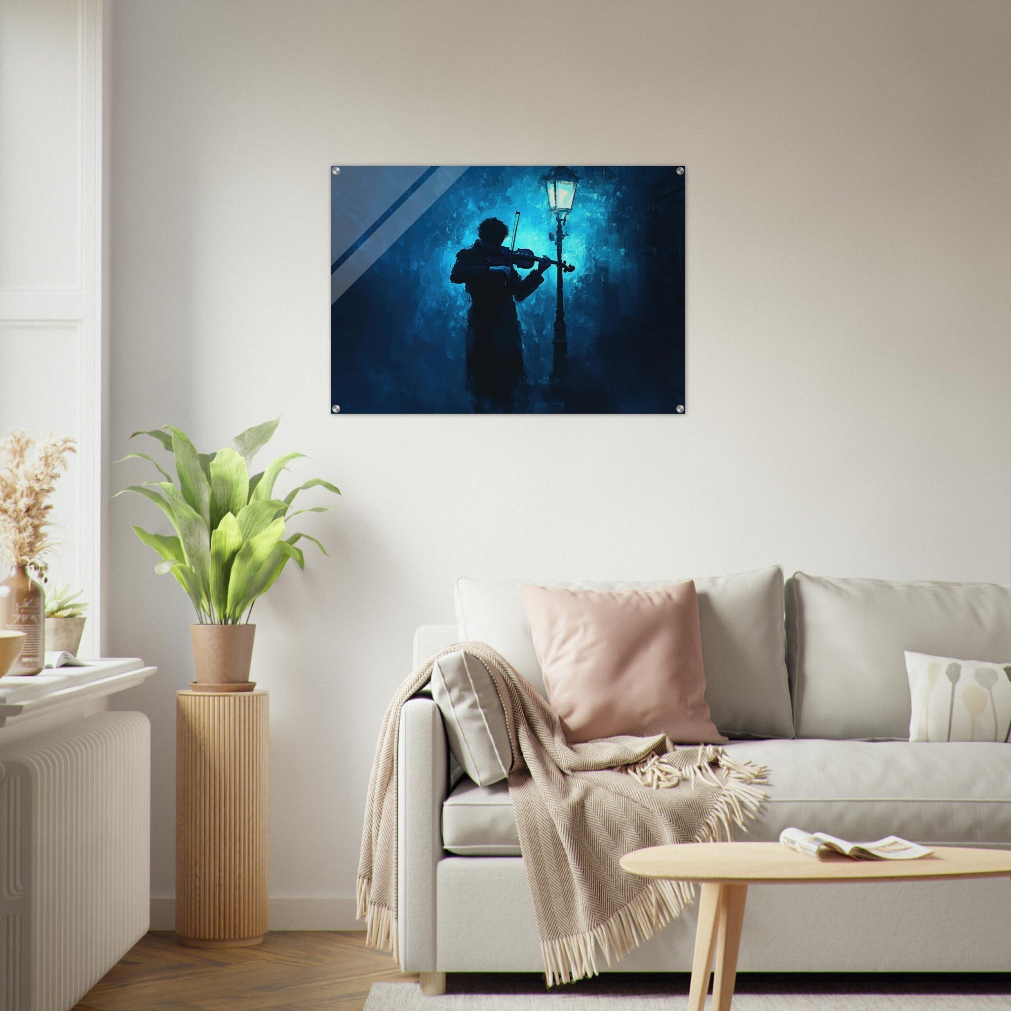 Acrylic Print Landscape - A lone violinist stands beneath a flickering sir 3 - Shop Ai Art WebShop - Digital Art online Store