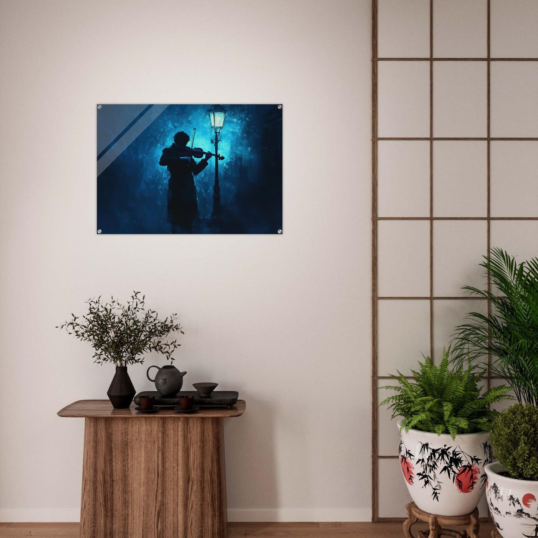 Acrylic Print Landscape - A lone violinist stands beneath a flickering sir 3 - Shop Ai Art WebShop - Digital Art online Store